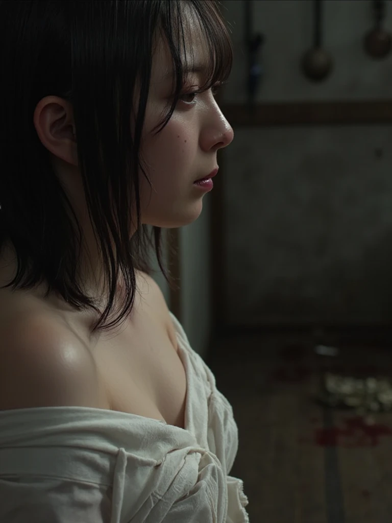 A thin, submissive woman with straight black hair tied up ((black makeup smudged from crying so much)) black eyes is standing naked in punishment in a corner of a gray wall she is with sad expression looking forward with her beautiful black eyes ((photographic art)) punishment sad thoughtful, natural beauty Slightly monochromatic image tone.