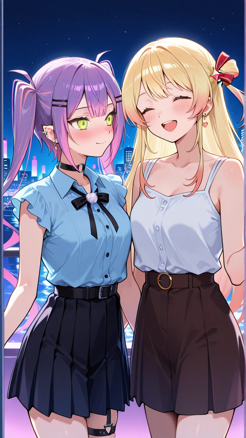 (masterpiece:1.37), best quality, (extremely detailed:1.37), woman, (mature:1.5), (adult:1.5), large breasts, very long hair, (straight hair:1.5), dark purple hair, purple eyes, (extremely detailed eyes:1.37), crop top, cleavage, navel, cleft of Venus, jeans, desperation, (wetting self:1.5), standing, embarrassed, humiliation, blushing, angry, city, futuristic, neon lighting, high-tech, street, skyscraper