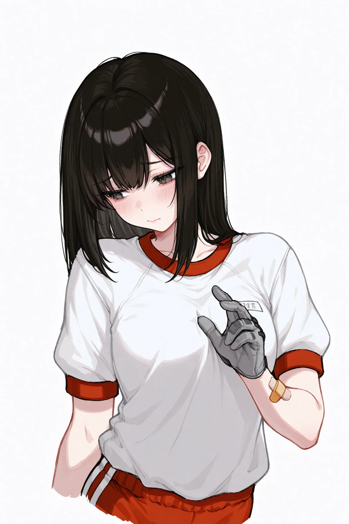 Young girl, long black hair, brown eyes, t-shirt, sports shorts, angry, fighting stance, masterpiece, high quality
