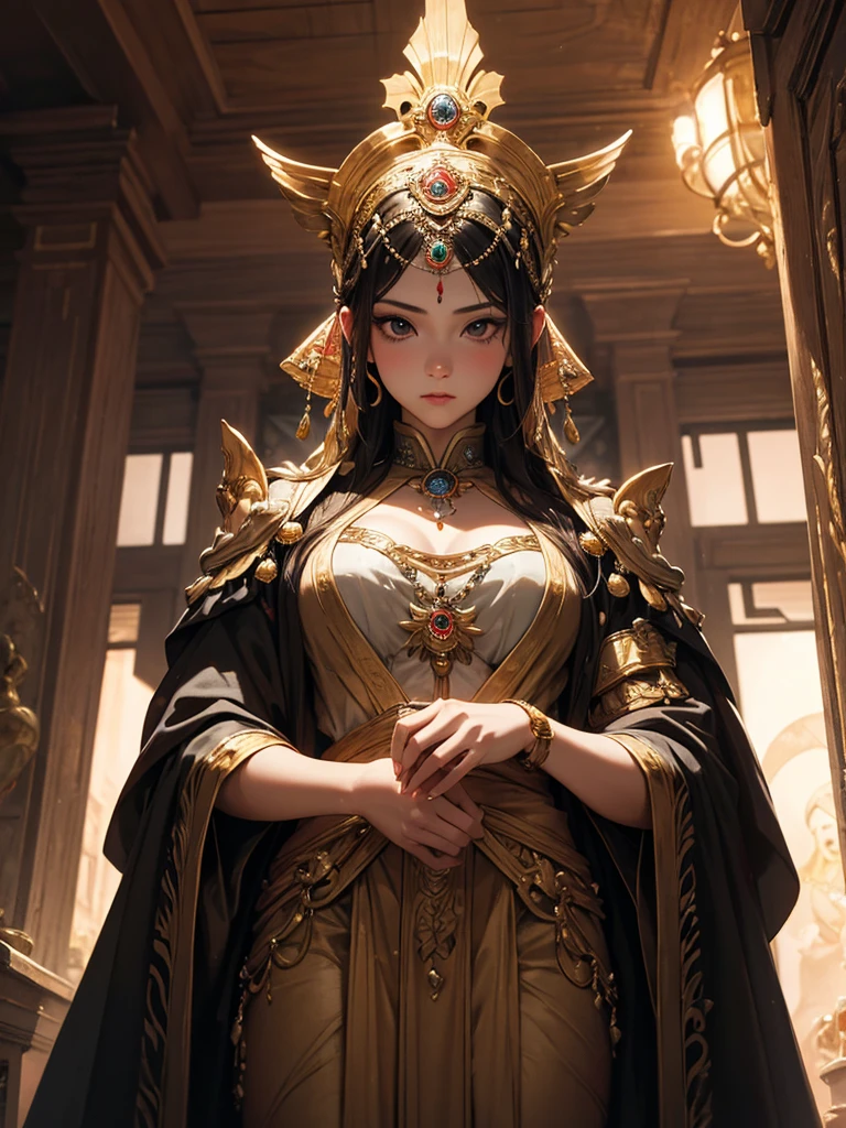 Roro Jonggrang is a legendary figure from Javanese folklore who is renowned for her exceptional beauty. According to tradition, she is said to have possessed a fair complexion, long dark hair, and enchanting black eyes. She is often depicted wearing traditional Javanese attire, which consists of a long kebaya blouse and a skirt that drapes elegantly over her frame. Roro Jonggrang's appearance is often likened to that of a goddess, with delicate features and a regal presence that immediately commands respect. Her beauty is celebrated across Indonesia and has inspired countless works of art throughout the centuries., absurdres, high-res, ultra-detailed, --auto