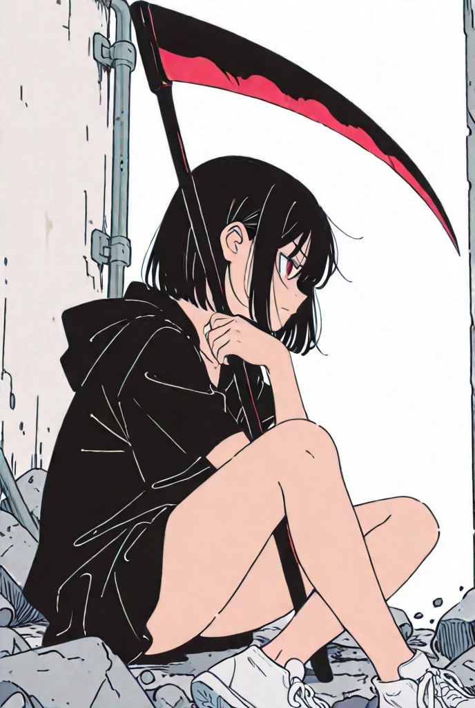 1girl, solo, levitation, serafuku, black longhair, lycoris, tattoo, (red, black), spider lily garden, barefoot, ennui, holding knees, incense, bandage, full body, exhale smoke, monochrome, melancholic, facing away, looking at viewer, skulls, from side, black background