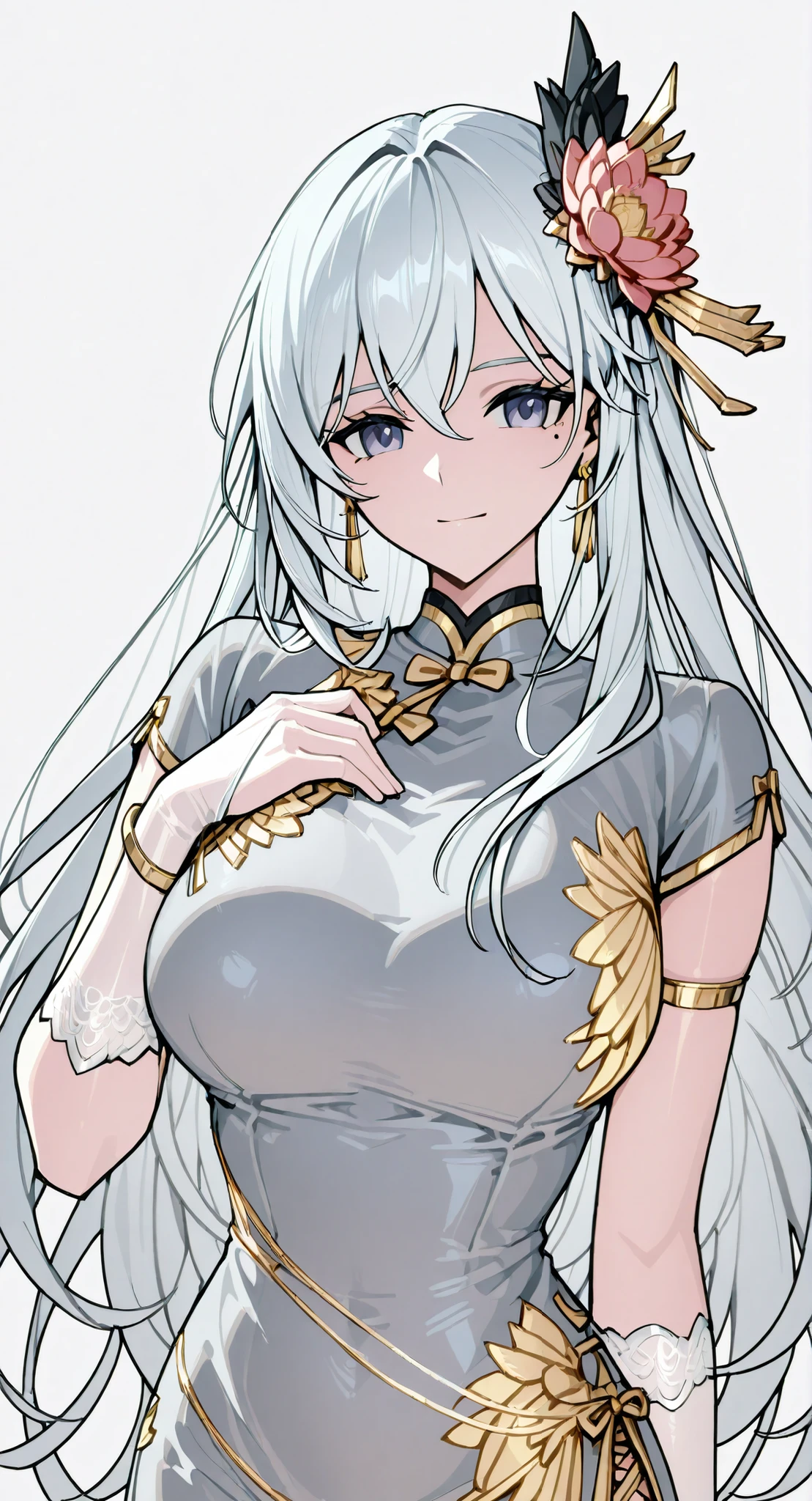 mole under eye、Armlet for left arm、bracelet for right wrist、China Dress,anime girl Picture of a woman with long white hair and a flower in her hair, gray hairの deity, Anime Goddess, gray hairの, gray hairの lady, gray hair, Zodiac knight portrait girl, Haise Jinyao, Genshin、Keking,  Full Body Senxia , Female Anime Characters Who Collect Their Boob With Both Hers, Picture of a woman with long white hair, perfect gray hairの girl,Beautiful breasts with a nice shape,thin waist,mole under eye,Long Gloves,earring