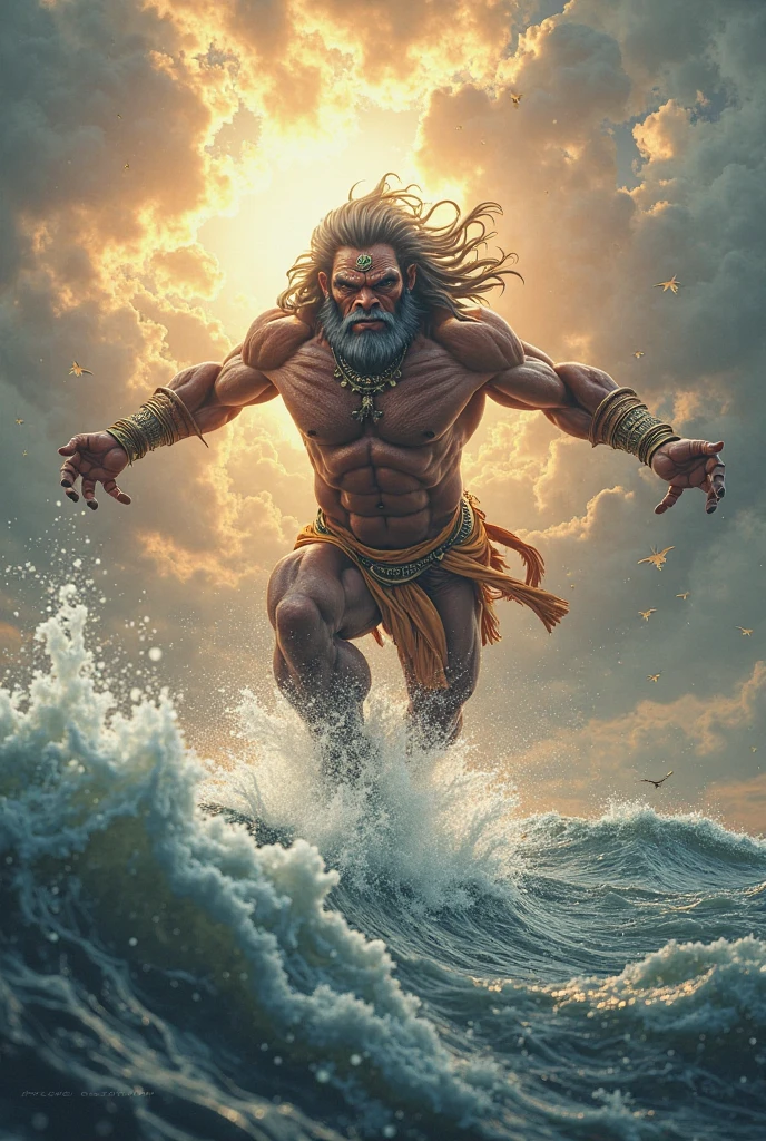 In cinematic 3d cartoon style "**Hanuman Leaping Across the Ocean**: Hanuman, in his colossal form, leaping over the ocean with determination and strength. The vast sea below and the sky above should be dramatic and expansive."