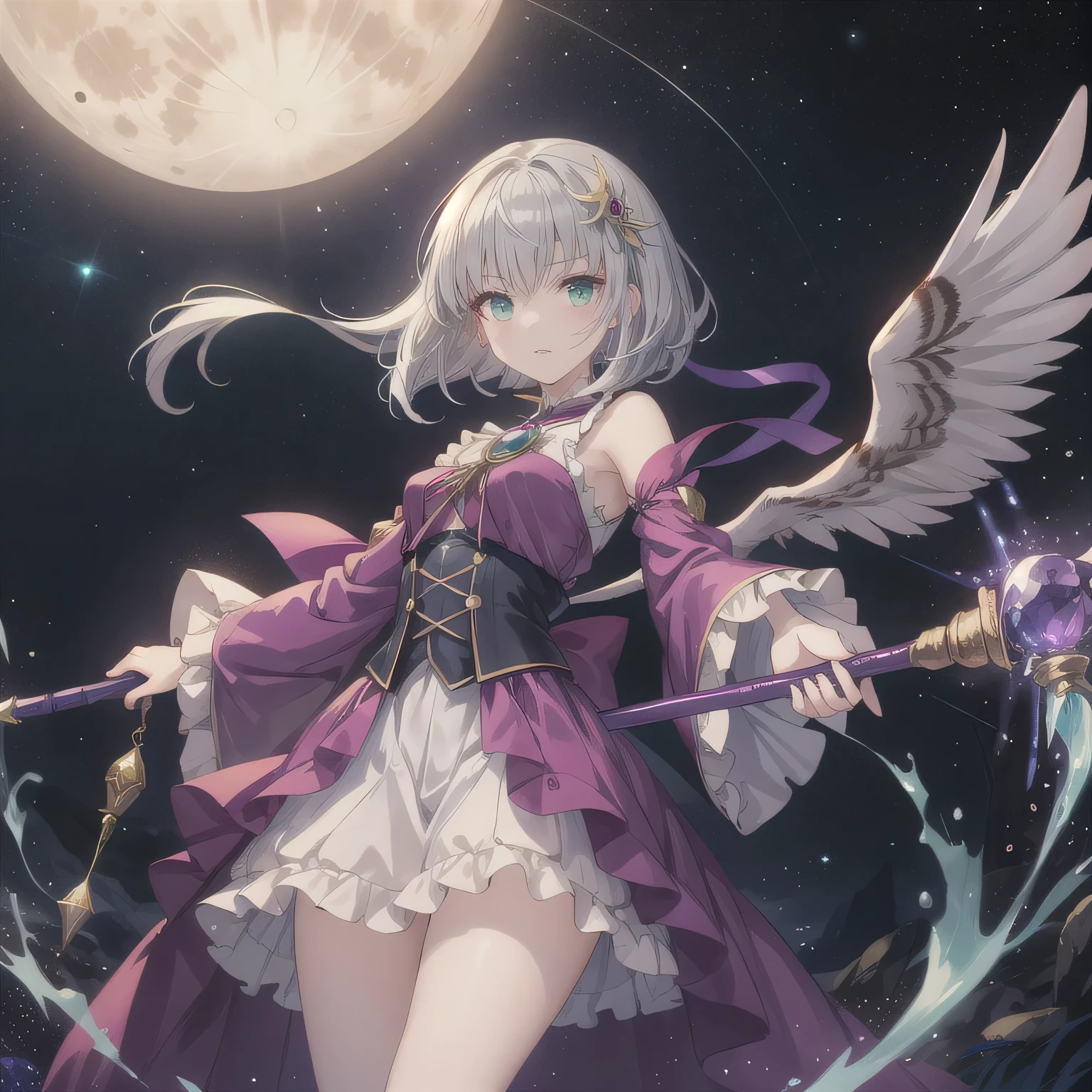 A beautiful, anime-style Japanese magical girl, with gray hair and deep green eyes. She wears an elegant, shimmering purple magical outfit with fantasy details, such as frills, ribbons, and glowing accents. She holds a magical staff with a glowing purple gem at the tip. The background features a full moon in a starry night sky, with an owl flying across. Her expression is graceful yet strong, and she radiates a mystical, magical aura. The overall atmosphere should feel enchanting, mysterious, and distinctly magical girl-like, with a touch of elegance and maturity.