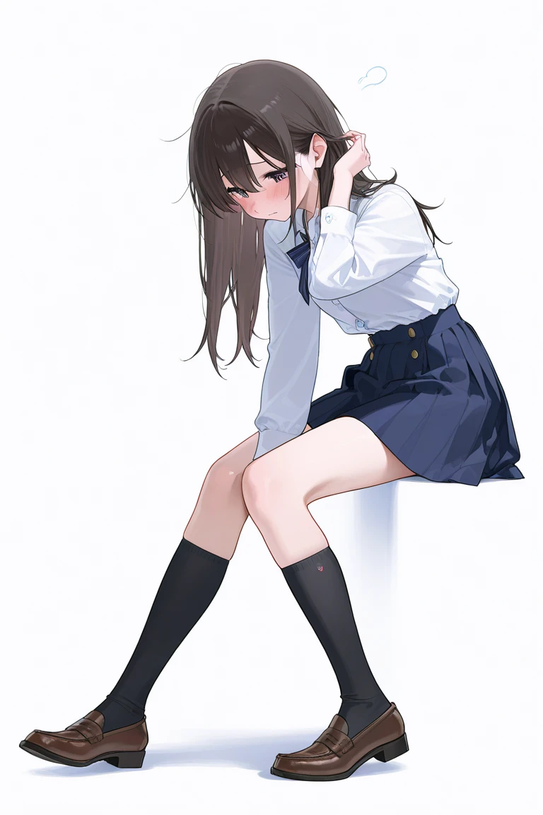 finest, masterpiece, High resolution, (Full-body view from head to toe), front, frontやや下からの構図, symmetry, 18 year old tall girl, alone, (whole body from head to toe), (small breasts), Unkempt brown hair, bangs, (black tights), (black pantyhose), (sit with legs spread), (squatting pose), (Composition showing white panties), (her legs spread、I can see white panties.), (I was made to sit on the floor with my legs spread apart.), (M-shaped legs), thin legs, A very beautiful and tall 18 year old girl, (not wearing shoes), blush, shy big eyes, looking at camera, blazer uniform, plaid pleated skirt