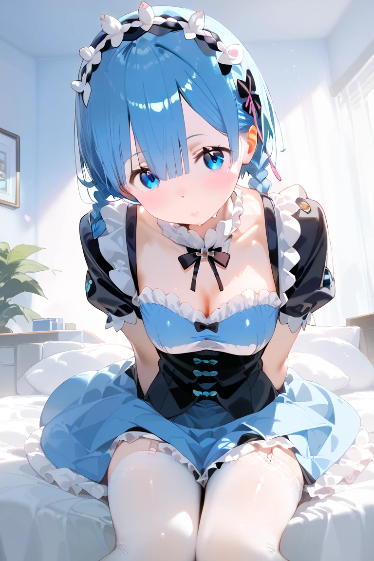NSFW,masterpiece,Highest quality,High resolution,Super detailed,Roxy Migurdia\(Mushoku Tensei ～If you go to another world, you'll get serious～\),Small breasts,Blue Eyes,Blue Hair,Long Hair,Braid,Twin Blade,(High-quality sexy maid outfit),Sexy Lingerie,White fishnet stockings,Iron Collar,Embarrassed,excited,Estrus,blush,smile,Sweat,orgasm,Climax,(Squirting),heart,Luxurious Room,With legs apart