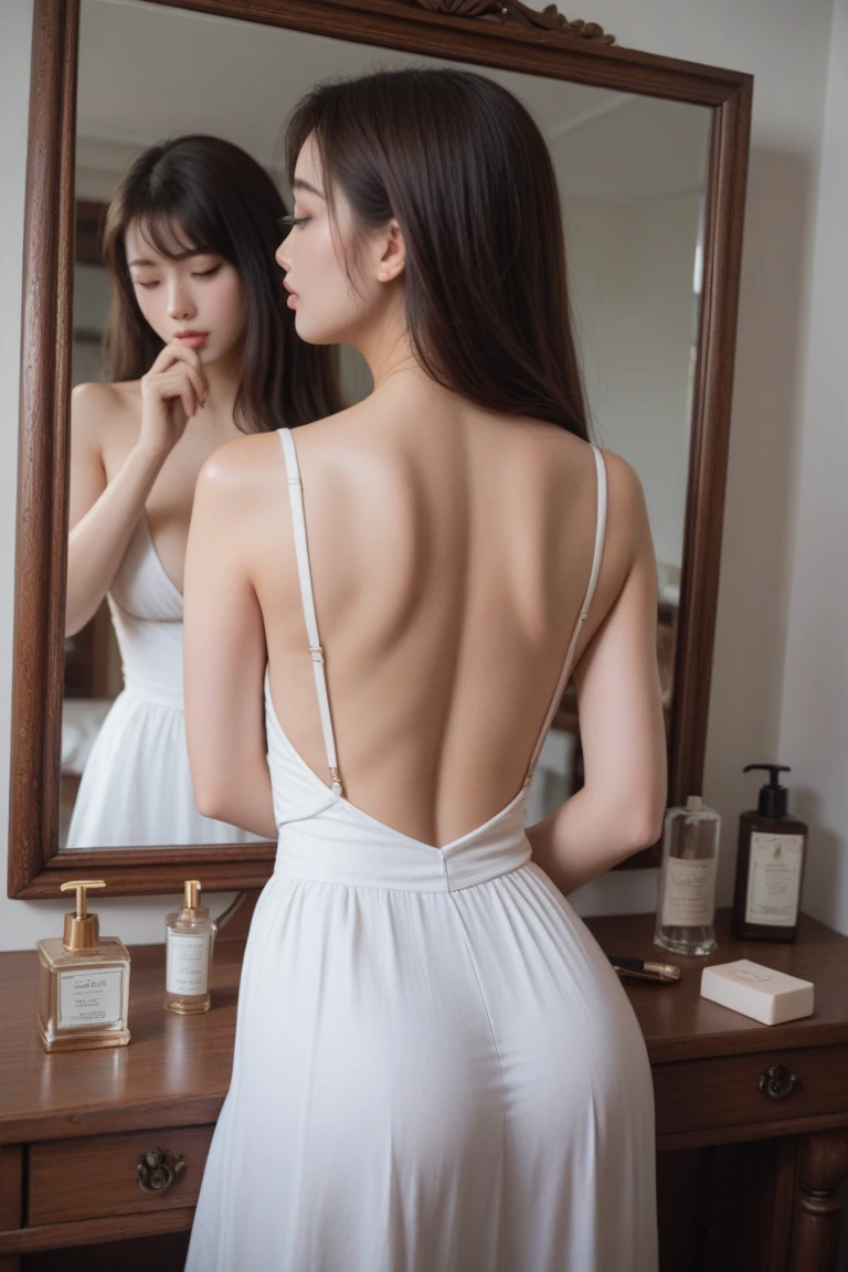 (((best quality))), (((ultra detailed))), (((masterpiece))), illustration,(summer afternoon:1.3),(a beautiful girl,solo),(short ponytail:1.2),((slim,thin)),((bare back,towering hips,butt crack)),((sweat,wet)),(white sheer sundress:1.3), tan skin, delicate features, white polka dots, loose flowing dress, comfortable fit, (standing:1.3),(beside the air conditioner:1.3),relaxing, enjoying cool air,blowing air, cozy couch, coffee table,teal wall, plants, greenery, window, sunlight, sheltered from heat, cool refreshing environment, lazy summer day, bearable heat, serene expression, comfortable attire, sense of peace, relaxation, delightful,((from back,upper body))
