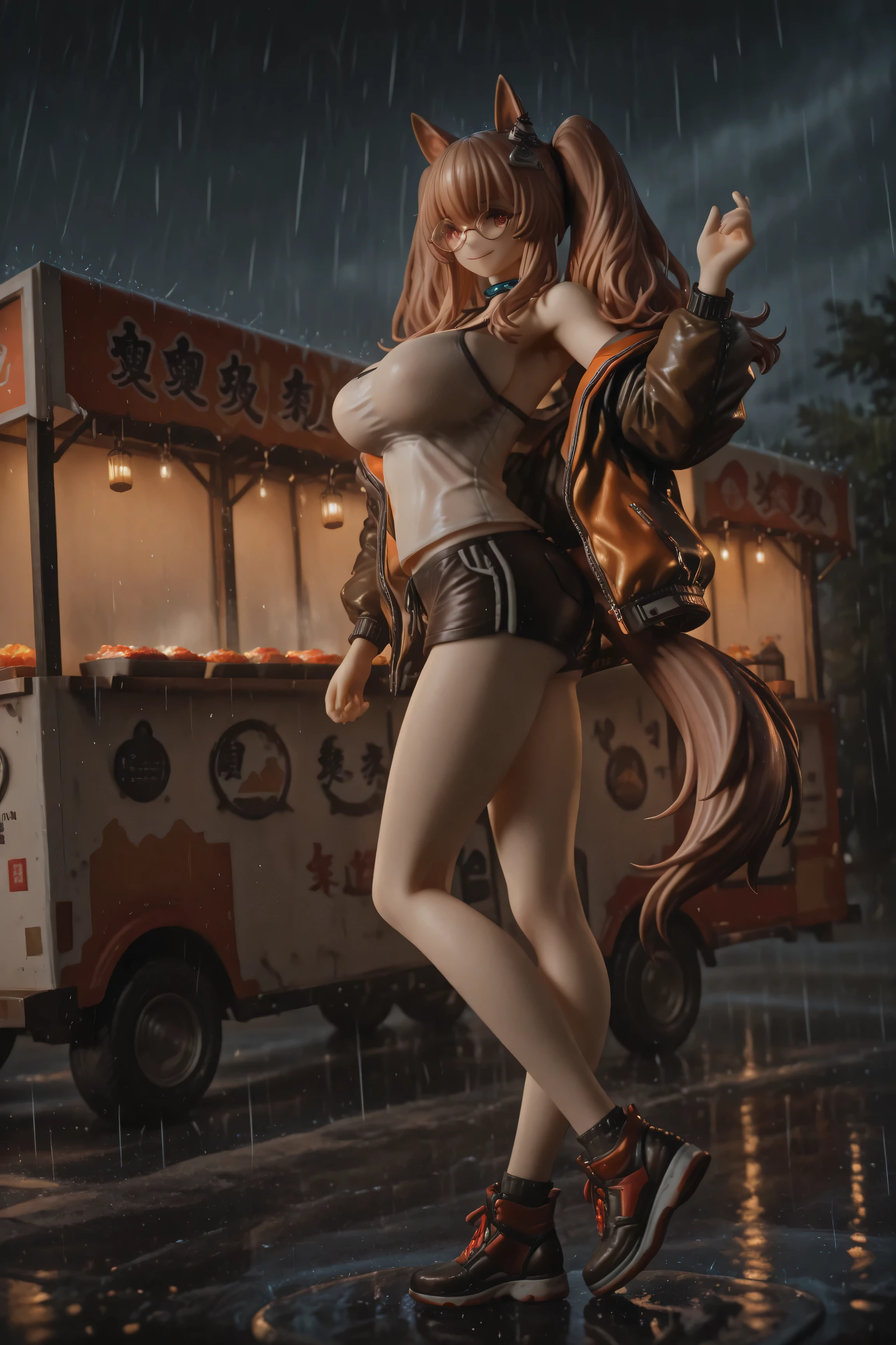 (NSFW:1.1). a realistic image, extremely sharp focus, crisp details, high resolution, low light, cinematic lighting, 4K, 8K. (correct anatomy and detailed hand). side view, low angle, full body. a detailed, high quality rendering of angelina from arknights. She wears beautiful, detailed round eyeglasses, she wears a string camisole, bomber jacket and shorts. She has a beautiful huge breasts. She has a beautiful face details, a beautiful detailed red eyes, twintails, brown hair, animal ears, armpits, detailed hands, five fingers and a real human skin texture, her expression is smiling and she looks at the viewer. food truck, rain. the background has highest detail, detailed background and depth of field.