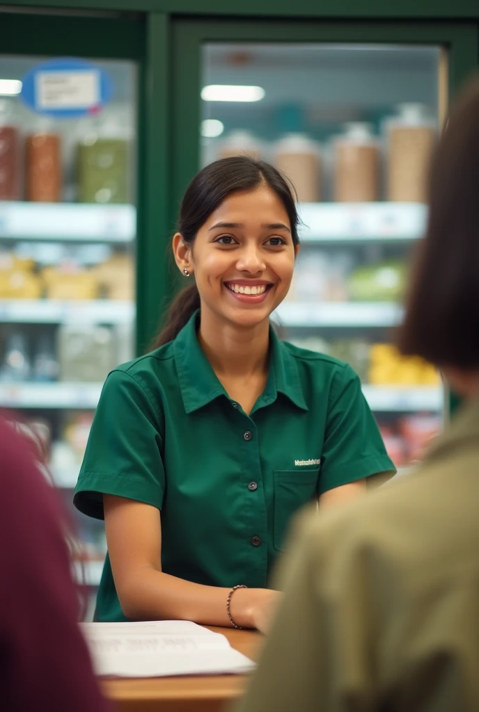 A iphone photo of a young mexican in a supermarket. She is a supermarket worker with green uniform. She is smiling to the camera. Raw picture