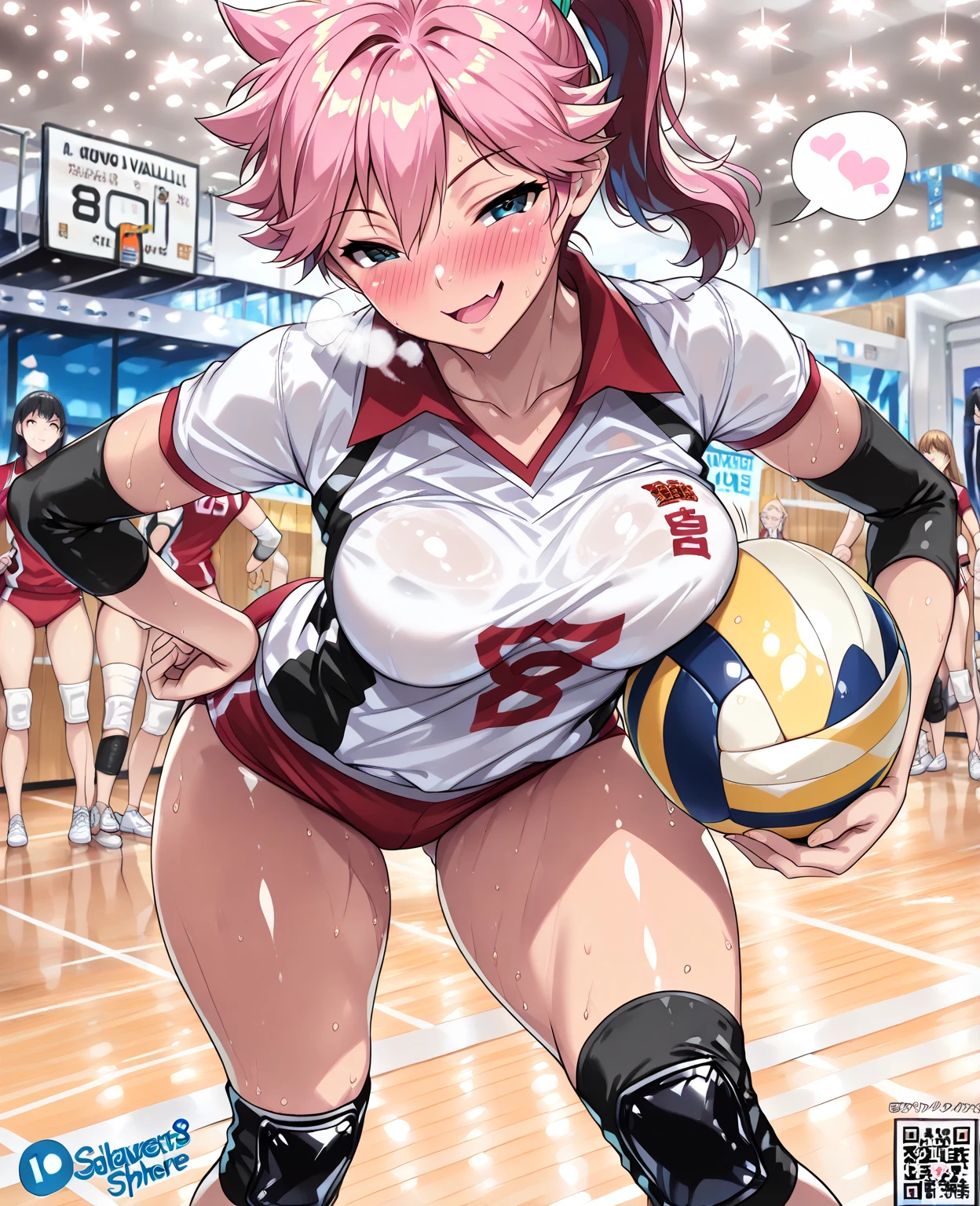unity 8k wallpaper, anatomically correct, (((masterpiece))), (((best quality))), (((ultra detailed))), (((high-resolution))), ((anime illustration)), ((Ultimate cutie)), anime girl, perfect hands, perfect finger, (((good anatomy))), detailed beautiful face, shiny hair, (((gyaru))), (potbelly), (curvy), medium breasts, ((Thick thighs)), (((solo))), ((seductive smile)), (((blush))), (half open mouth),
BREAK, (((sit astride the perfectly spherical shape 6-inch volleyball))), (((Straddling a perfectly spherical 6" volleyball))), (((Perfectly spherical 6" volleyball fits perfectly crotch))), BREAK, (((Rub the Perfectly spherical 6" volleyball against crotch))),
BREAK, (Collared volleyball uniforms), sleeveless, ((buruma)), ((kneepad)), pussy juice stained, (elbow pad), (((sweat))), (((covered in sweat))), ((deep breathing)), in Volleyball Court, indoor, lighting, looking at viewer, full body, (spoken heart)