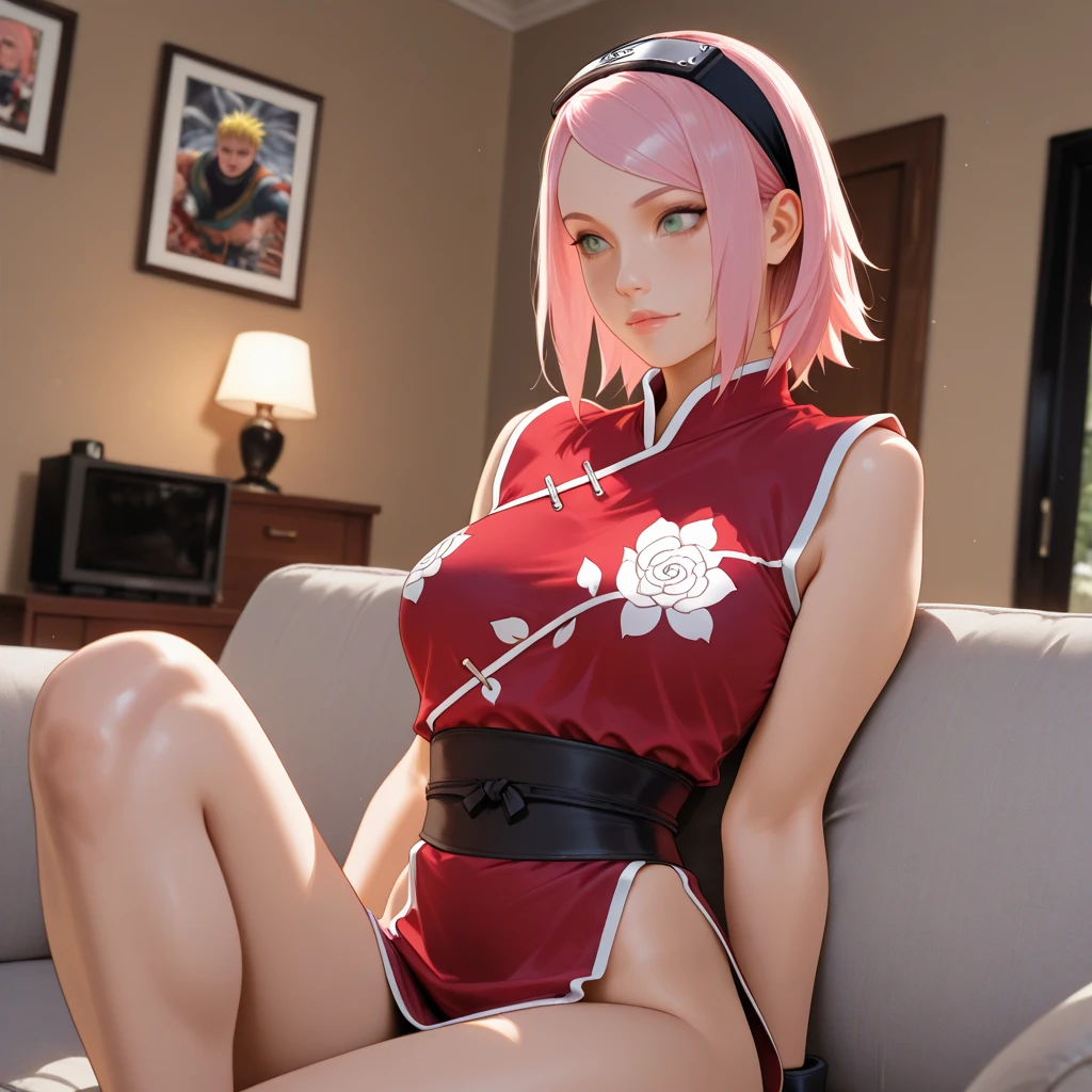 1girl, (solo:1.2), curvy, (masterpiece:1.2), (best quality:1.2), (perfect anatomy:1.4), (perfect female anatomy:1.2), (confident:1.2),
xxnikichenxx, pinup, shiny skin, (large breasts:1.2), sakura haruno, (green eyes:1.5), hairband, short hair, pink hair, SakuraNS, bare shoulders, black gloves, forehead protector, gloves, konohagakure symbol, ninja, (red shirt:1.5), shirt, sleeveless, sleeveless shirt, (living room scenery:1.4), inside, (comfy sofa:1.3)