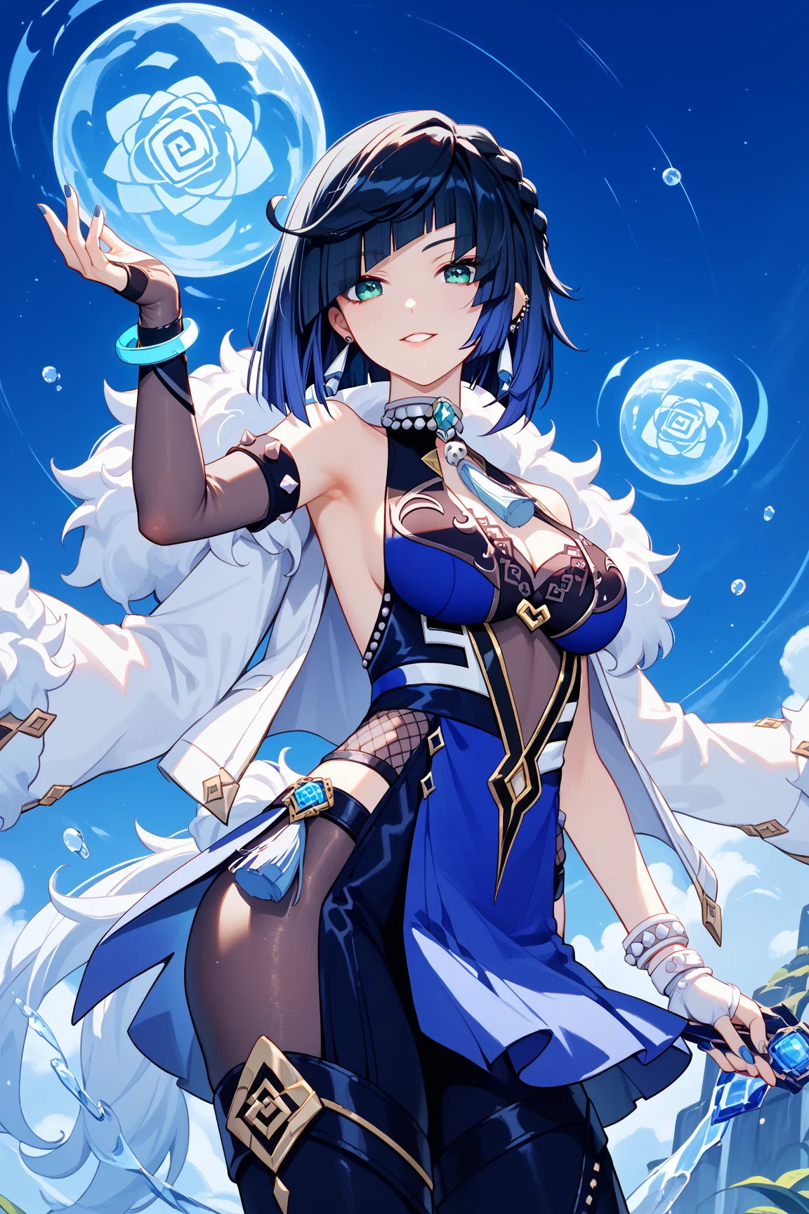 (1girl:1.3), (yelan genshin impact:1.2), (standing:1.1), (arms up:1.0), (tights from chest to toe:1.3), (narrow waist:1.2), (bare shoulders:1.1), (black hair:1.2), (blue eyes:1.2), (blush:1.0), (small breasts:1.0), (open coat:1.1), (white coat:1.0), (blue sky background:1.0)
