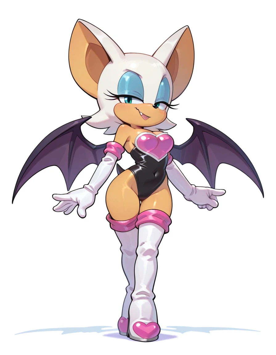 score_9, score_8_up, score_7_up, score_6_up, score_5_up, score_4_up, BREAK, 1girl, solo, breasts, looking at viewer, smile, simple background, white background, animal ears, cleavage, bare shoulders, medium breasts, closed mouth, standing, tail, upper body, heart, boots, wings, elbow gloves, aqua eyes, eyelashes, bikini, makeup, thigh boots, half-closed eyes, happy, white footwear, bat wings, outstretched arm, lipstick, furry, eyeshadow, black wings, furry female, sexy bikini, body fur, animal nose, blue eyeshadow, bat ears, Rouge the bat