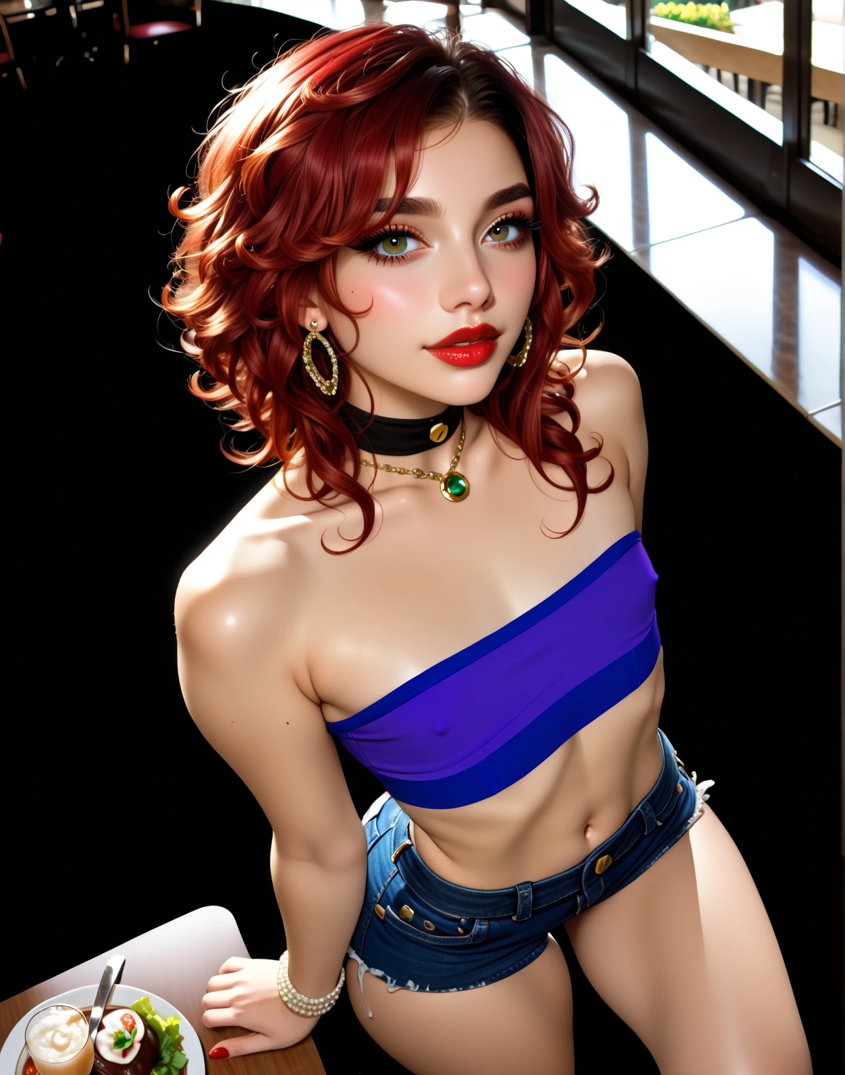 high angle photo of a gorgeous 35 year old woman, milf, healthy skinny,short, small, realistic skin texture, looks up, big smile, big lips, little noose, sexy (blue cyberpunk clothes), (red hair with blue mops), blue hair mops, little boops, small boops,flexy boops, small tits,skinny, posing on the roof, stars shining on night sky, big moon in background, 1 / 3 body crop, 15 mm art lens, f 1. 2, sharp focus, 8 k high definition, insanely detailed, intricate, elegant, photorealistic, real life, big shoulder, little neck, long lash, full lips, big lower lip, pink lips