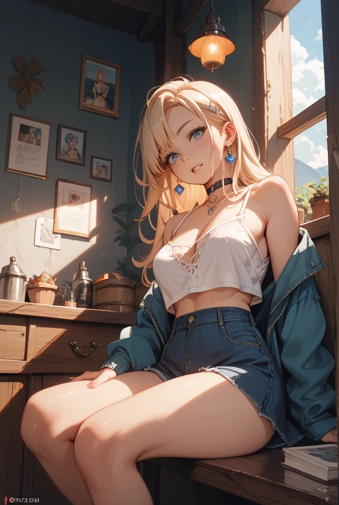 (best qualityer:1.4),(pele Ablaze), foco Farbeporal, (cute Face), (((best qualityer))), illustration, ((comely Finger)), , comely body, cass hamada, ,perfect lighting, colorfully, Ablaze_正面_Face_Lighting, ultra high resolution, high resolution, absurderes:1.2, bokeh:1.2, Lens flare, (Vibrant_Farbe:1.2), (comely, medium breasts:1.2), (thick-thighs:1.1), (42 Years Old:1.2), thick, aunt cass, aunt cass Big Hero 6, naughty, a one woman, mature woman, The 42, chestnut hair, medium length wavy hair, big green eyes, pale skin, round Face, kind smile, tthin eyebrows, ((wearing a short top, jaket, silver necklace with pendant, short shorts and sneakers)), Red lips, shorth hair