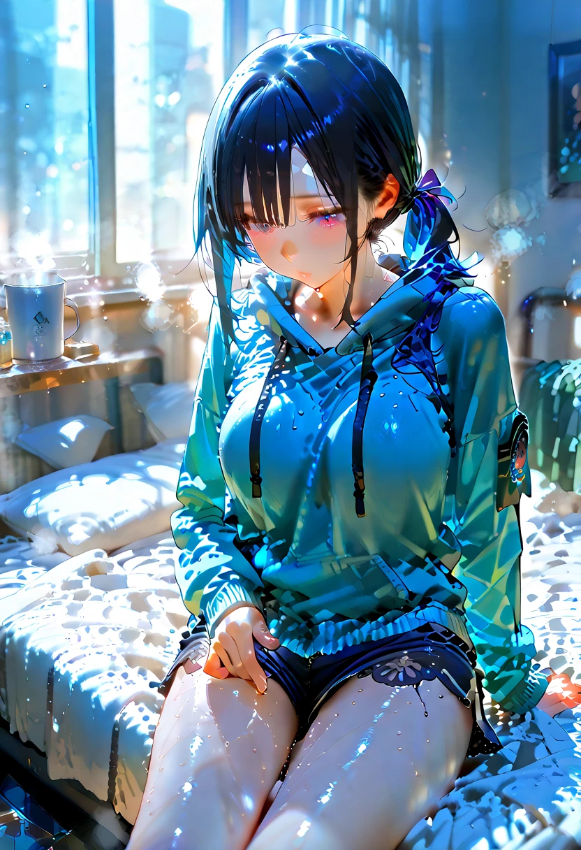 irrational solution, High resolution, (masterpiece: 1.4), Very detailed, (((Detailed face, Detailed Expression)), Two Girls, Girl and Girl, friend, best friend, classmate, relax, ponytail, Bob, sitting on bed, Sitting on the floor, two people having a conversation, Room Background, friend, Relatives and friends, Home, 1k, Small room, curtain, bed, tv set, mechanical, Loungewear, Kyoto Animation, Kyoto Animationの雰囲気, (Tears in my eyes)