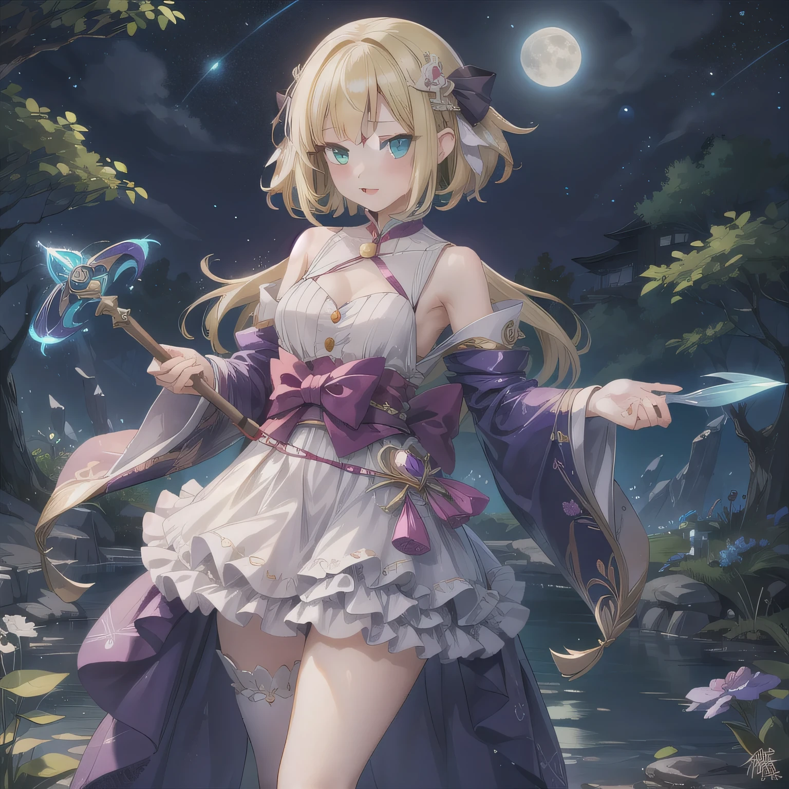 尖った耳, 短い髪, A beautiful, anime-style Japanese magical girl, with blonde hair and deep green eyes. She wears an elegant, shimmering purple magical outfit with fantasy details, such as frills, ribbons, and glowing accents. She holds a magical staff with a glowing purple gem at the tip. The background features a full moon in a starry night sky, with an owl flying across. Her expression is graceful yet strong, and she radiates a mystical, magical aura. The overall atmosphere should feel enchanting, mysterious, and distinctly magical girl-like, with a touch of elegance and maturity.