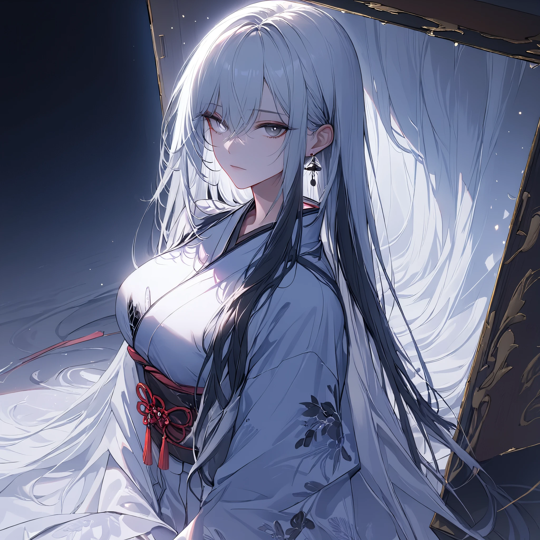 (8K, RAW Photos Box, better quality), (masterpiece: 1.4), (Ultra-high resolution, extremely detailed), soft lighting, ((1girl)), large breasts, (black hair 1.0), (white hair 1.0), long hair, (black eyes 0.5), (white eyes 0.5), kimono, glowing, ligths,