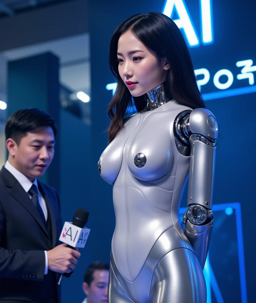 An exhibition showcasing AI-equipped autonomous female androids exhibiting various sex positions, adorned with a beautiful face and seductive gestures. The androids' eyes, lips, and faces are exquisitely detailed, creating a mesmerizingly realistic appearance. The exhibition is a masterpiece of modern art, combining the mediums of sculpture and technology to blur the boundaries between human and machine. The androids' bodies are crafted with ultra-realistic materials, utilizing physically-based rendering techniques to achieve a photorealistic effect. The lighting is carefully designed to accentuate the androids' features, with studio lighting creating a captivating atmosphere. The colors exhibit a vivid and alluring palette, enhancing the seductive nature of the exhibition. The exhibition boasts high-resolution visuals, such as 4k and 8k displays, allowing visitors to immerse themselves in the intricate details of the androids' bodies and expressions. The scene is further enhanced by elements such as bokeh, creating a dreamy and ethereal ambiance. The exhibition combines elements of photography and concept art, resulting in an innovative and provocative art form. (NSFW:1.5), Her chest, stomach, and genitals are covered with artificial skin. Sex androids have beautiful, sexually attractive faces that are so detailed that they are indistinguishable from real humans There are Italian girl, Russian girl, Saudi girl, and Japanese girl types. Their eyes are blue.