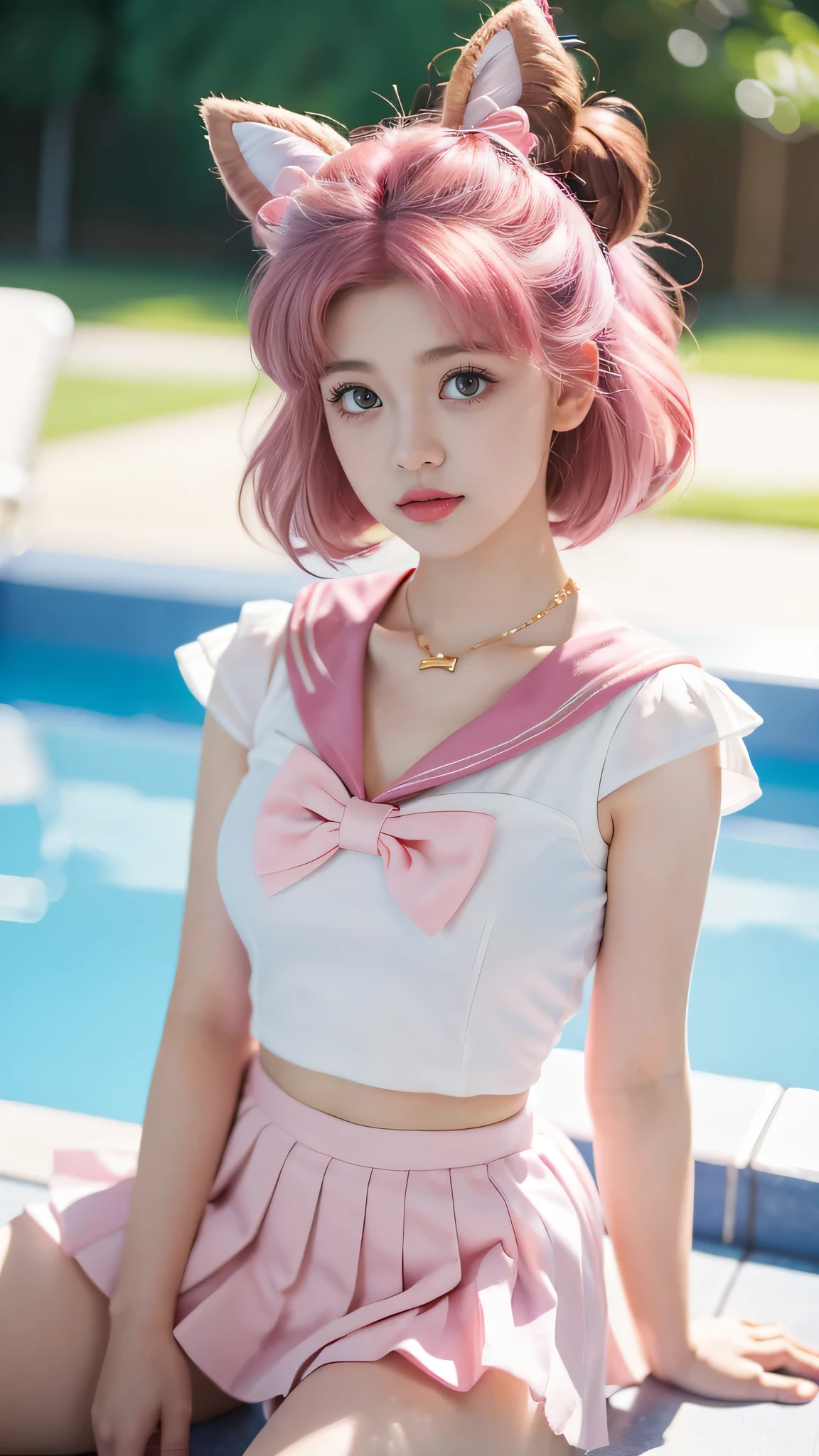 Masterpiece, high quality, high resolution, (shiny hair), RAW photo, rendered octane , Wearing a Sailor Mercury costume, plump face:1.1, sexy, high quality, very detailed, Fotos de high quality, plump face: 1.2, ((Wearing a pink Sailor Chibi outfit wears)), close up of a girl disguised as a sailor posing by the pool, anime girl cosplay, Anime cosplay, cosplay, cosplay photo, shiny hair cosplay, anime girl in real life, cosplay completo, Aesthetic of Sailor Moon . beautiful, baby face, light makeup text , natural makeup, Grandes pechos, tall and large posture, thin lips, pink lips, pleated skirt, super short miniskirt, shiny hair anime photo, professional cosplay, sailor uniform, Sailor Moon style aesthetic, ((pink hair, Cone bun, Twin bun , (((Sailor Chibiusa's characteristic hairstyle))), pink necklace, big bow tie , pink bow tie, heart clasp in the middle of the, pink sailor collar, tiara)), ((( poolside background ))), Sailor Chibiusa, sailor chibimoon.