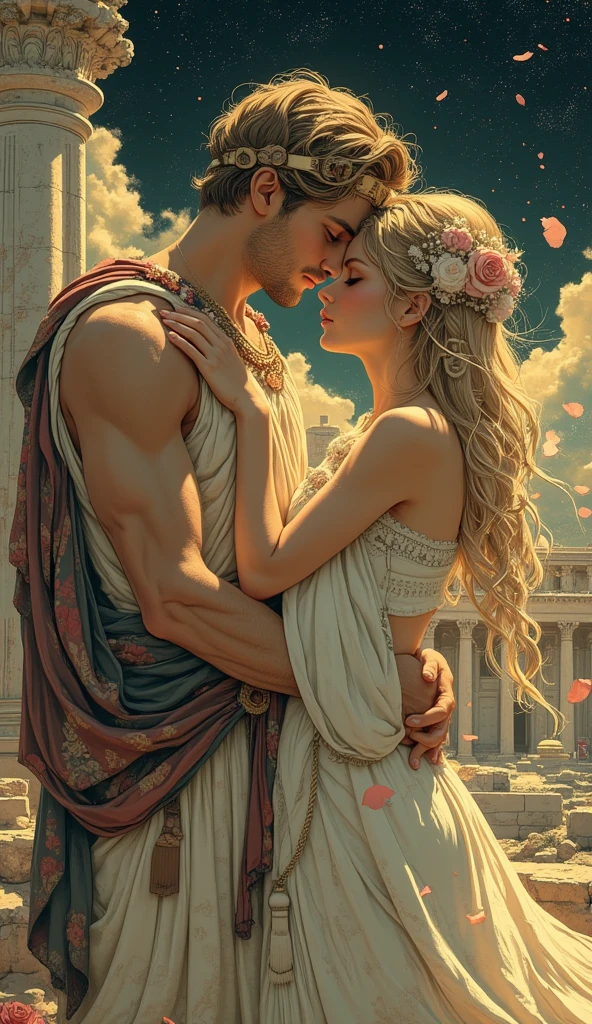 (top-quality、hight resolution、​masterpiece)、((Watercolor in Sargent style))、(David Hamilton Style)、(softfocus)、ancient greek scene 、The world of Bilitis songs、(greek female bard)、22year old、美丽的面容、Well-formed eyes and nose、Bewitching smile、Detailed depiction of the face、Classic hairstyles、Beautiful figure、detail portrayal、(ancient greek clothes)、(White tunic)、greek toga、(two womens)、(Two beautiful women hold hands and look at each other)、(Sing and dance)、Cinematic scenes、ciinematic light、softlight、raytrace、luminous sky、greek architecture columns、greek pine、(nostalgia)、classic vibes、Blur the background、