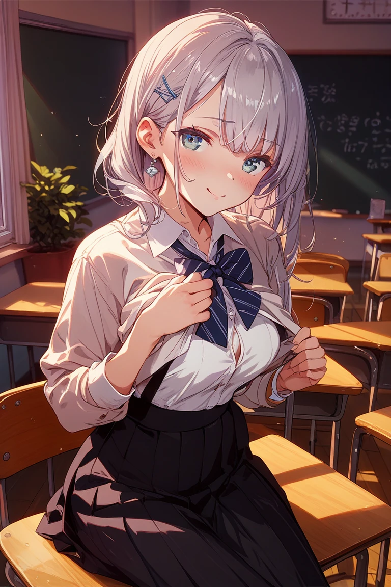 (masterpiece, 4K resolution, Ultra-realistic, Very detailed), girl、、12 years old、blazer、Sit on a chair、classroom、smile、Black Hair、Side Ponytail、Brown eyes,holding panties,presenting panties,Perfect Fingers、tie,white panties