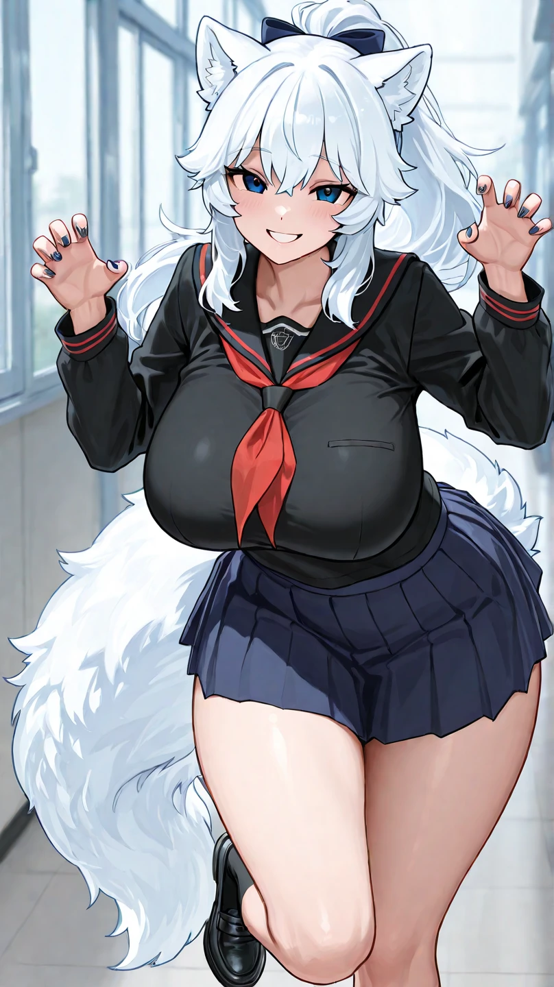 kitsune, huge breasts, school uniform, skirt, thick thighs, classroom,