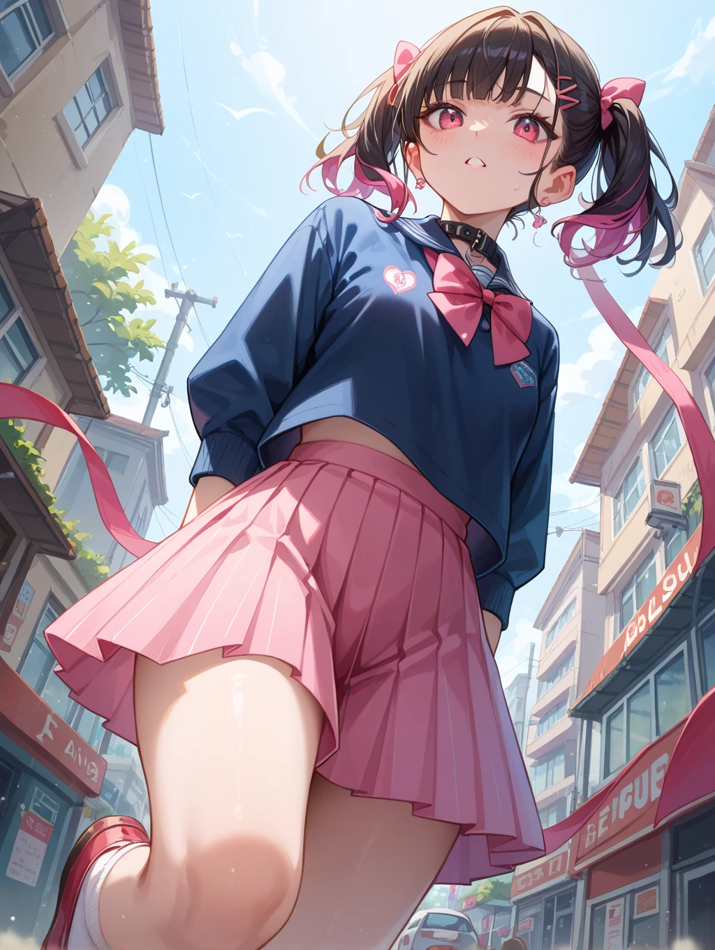 1 girl, minamoto_shizuka, bangs, (((short twin tails)))), high school student, loli, 18 years old, pink top, pink mini skirt, white socks, white panties, (surprised face), ( (towering, towering giant girl))))), city of miniatures, skyscrapers