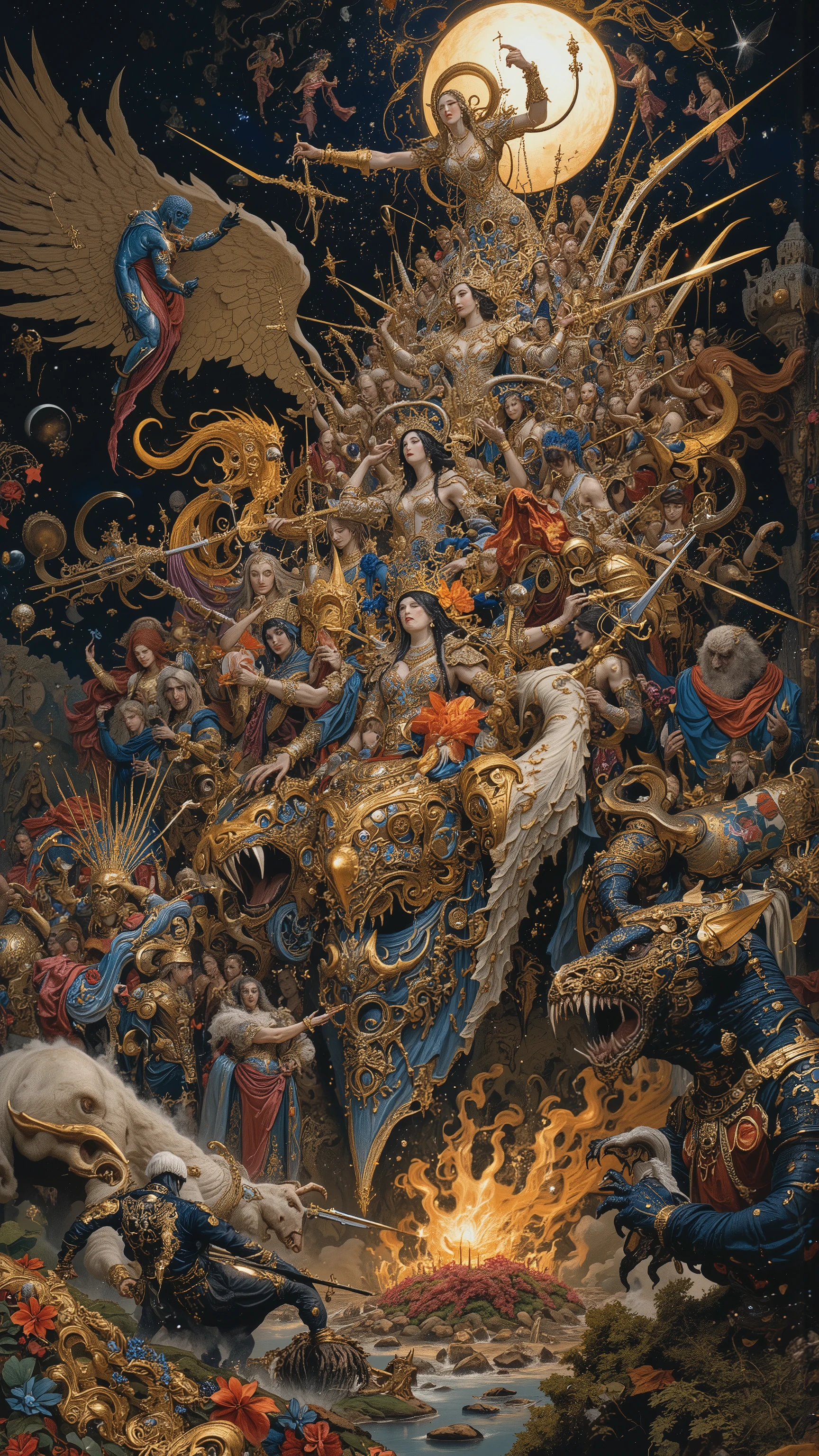 battle scene,wide view,landscape,from side,fullbody,flying,fighting pose goddess,wide shot,mixed beautiful goddess face and Terrible beasts,many arm,holding weapons,Beauty and Threatening,Dignity,buddhist art,Cherubim,Aggregate,Chimera,moon,moonlight,starry sky, Living Being,(bright colors,colorful,granular,flower,plant, blood vessels,liquid,chaos,ceremony,Abundant,(dynamic pose),Nipples and genitals are hidden.hyper realistic image,     h.R Giger style, Amano Yoshitaka style,Gustav Klimt Style,Digital illustratin,
16k,detailed image,by Gustav Klimt