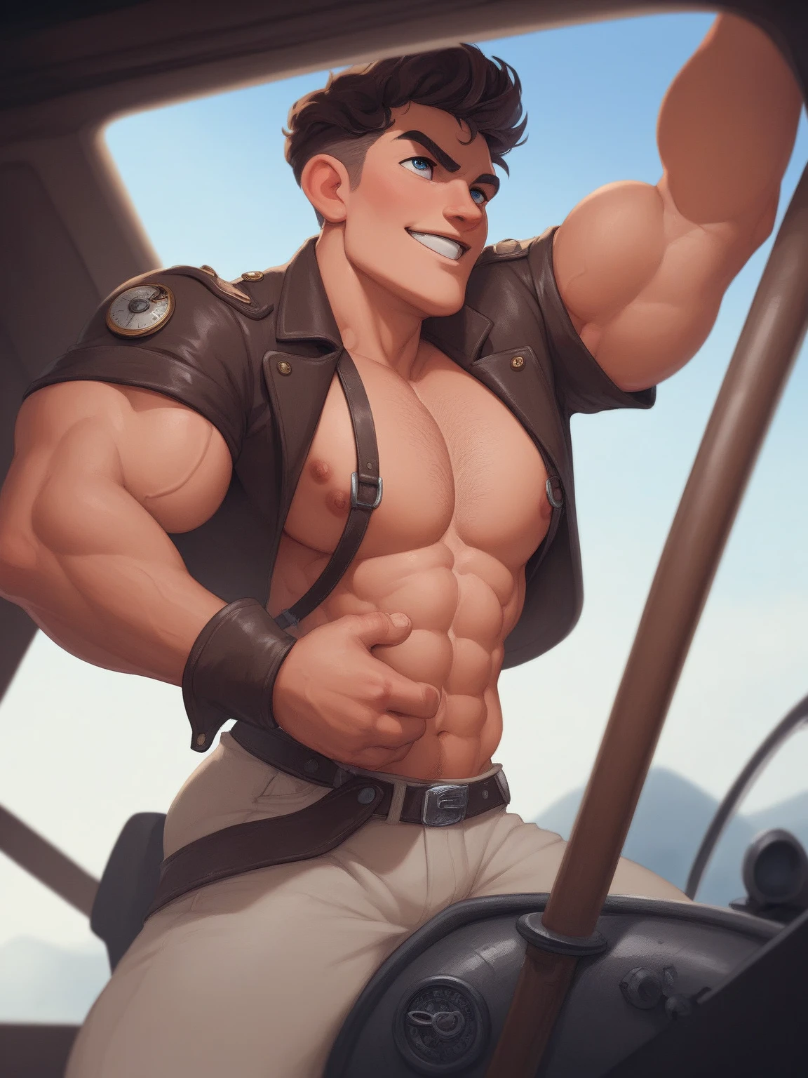(absurdres,Super-resolution,masterpiece,best quality,finely detailed,absurdres:1.2), glossy body, shine on body, holding onto thong, latex thong, huge bulge, bulge, male wearing thong, black hat on wth the word BRAT on it, high quality depth of feild, puffy juicy nipples, juicy nipples, perfect juicy pecs, looking at the camera, latino male, hyper realistic silky hair, dramatic light, dramatic illumination, cinematic, realistic anime scenery, ghibli, fantasy world, magical, beautiful sky, clouds, building, bikes, airplane trail, birds, dramatic lighting, cinematic lighting, sunset, warm sunset, warm sun, street, depth of field, lens flare, straight silky short hair, with edgar fade haircut style, perfect nipples, juicy bara pecs, bara, bara body, perfect masculine body, , high quality, high definiton, 4k resolution, realistic body hair, hair inbetween chest, happy trail