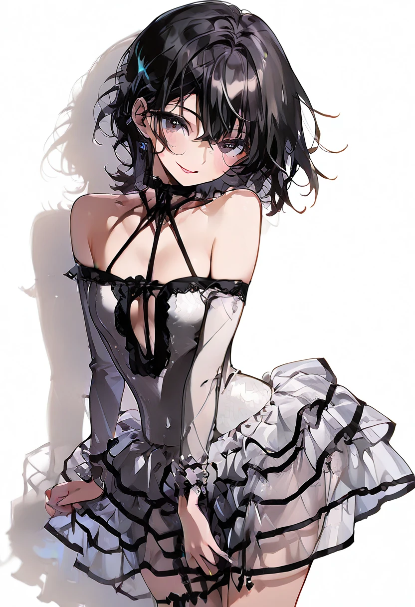 (((Wearing an elegant, shiny gothic White dress, corset and skirt, pantyhose))), skinny, solo, 1 woman, Masterpiece, highest quality, highest quality, 16K, incredibly absurd, highly detailed, 2.5D, ai-generated, delicate and dynamic, very delicate facial expressions, delicate eye depiction, erotic, only sexy woman, ((A cute and kind face)), healthy figure, ((25-year-old woman)), 160cm tall, medium firm swaying bust,, blush, Sweat,Embarrassed,sexy, ((thin thighs)), (Erect nipples,:0.5), shiny and lustrous, facing straight at viewer, smile, ((Oily_skin)), ((dutch angle)), ((erotic pose)), Fashion Model poses, Fashion Model style, (Close-up),