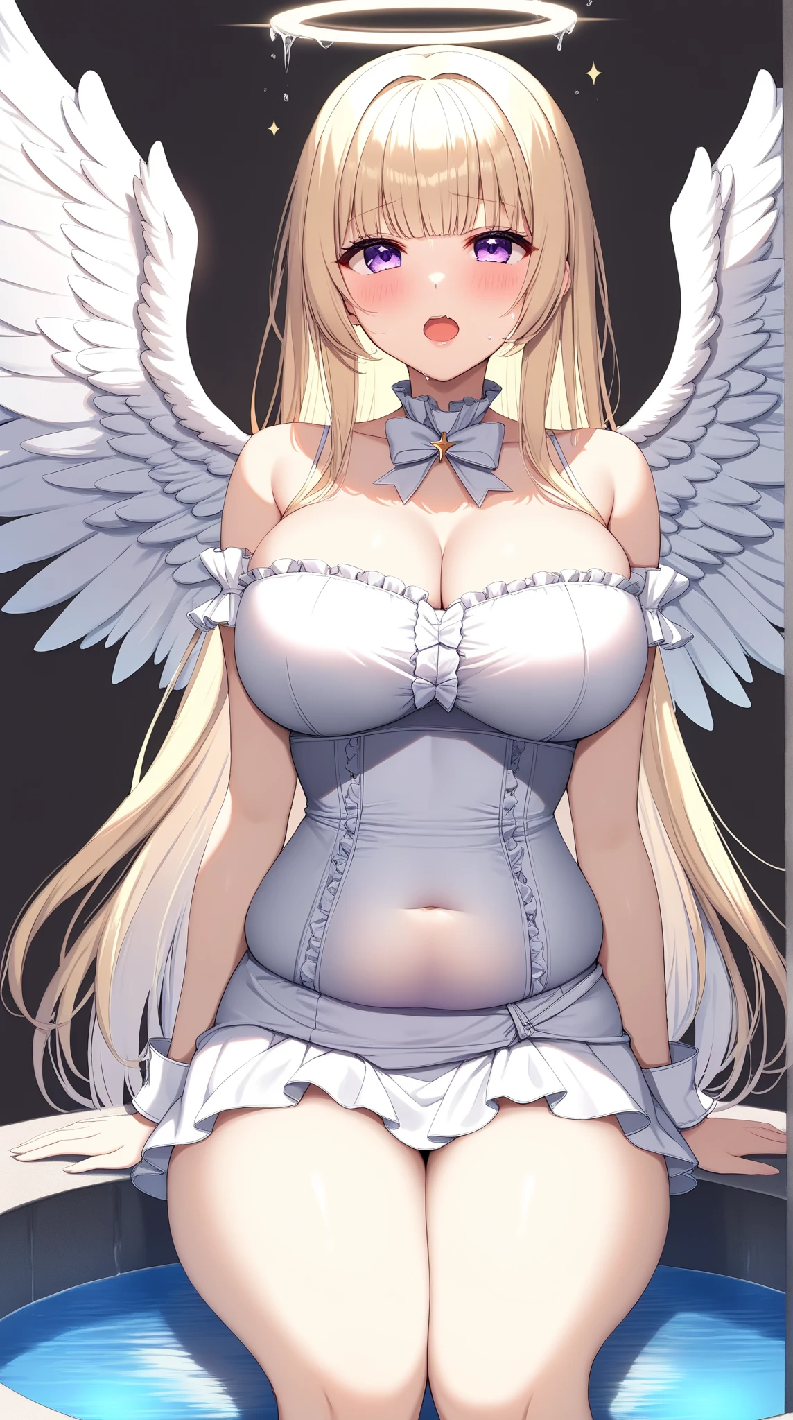 An 18 year old female angel with long, white hair, yellow eyes, white cat ears, and large white angel wings. yellow halo ring round white glasses (White evening dress, sexy long skirt) Hand touching lips, standing, looking down