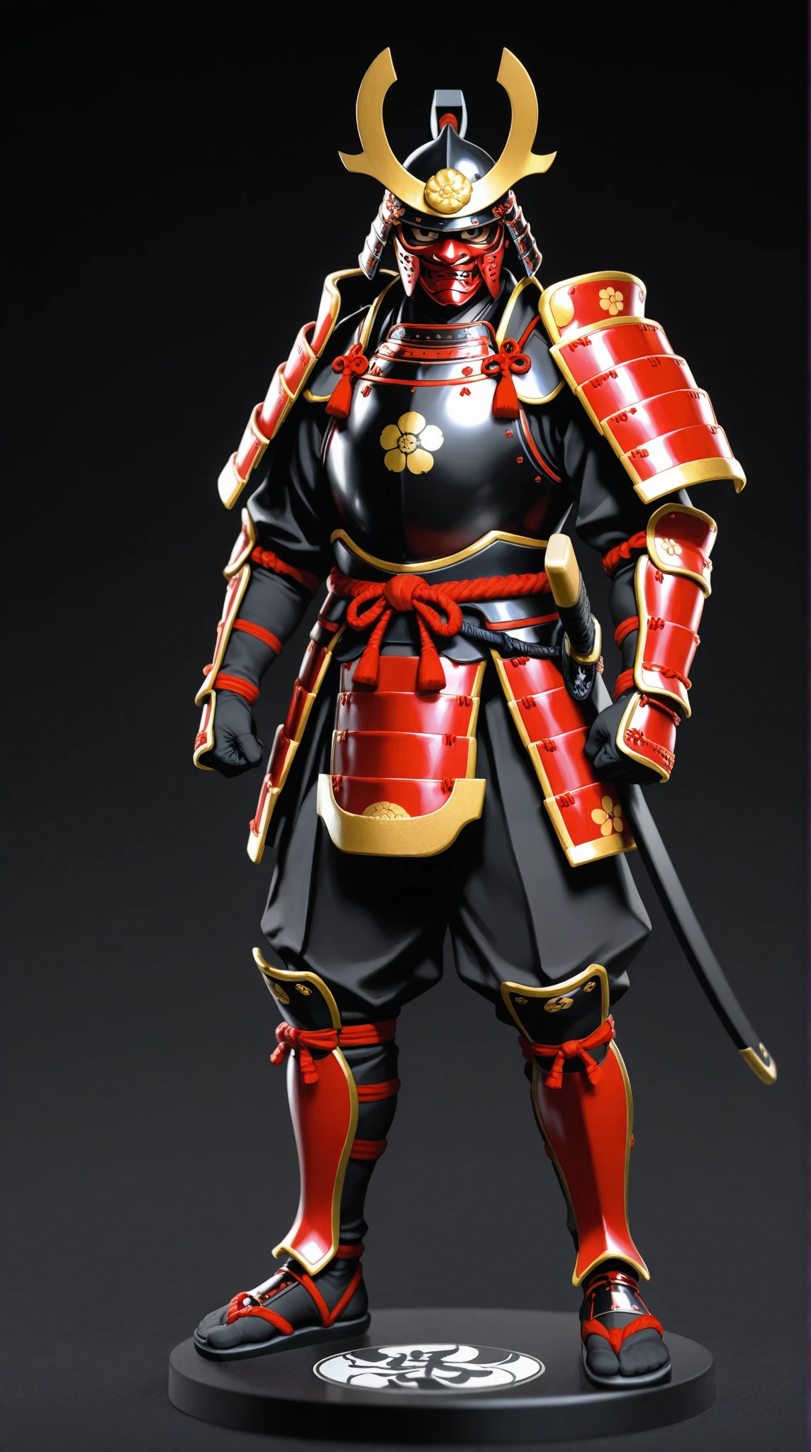 work of art, A collectible figure of a  samurai" wearing red and black samurai armor, samurai mask, black, that has a unique style, Samurai katana and samurai equipment