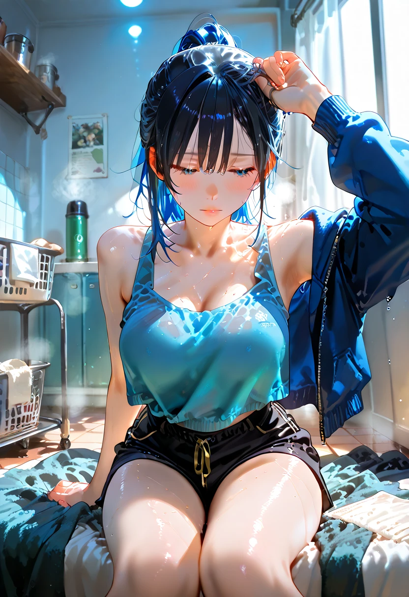 creates a realistic 3D image, a pair of male and female lovers kissing each other warmly, the man is wearing a blue hoodie, jeans, and the woman is only wearing a y bikini. The background is bright blue with intense light quality.