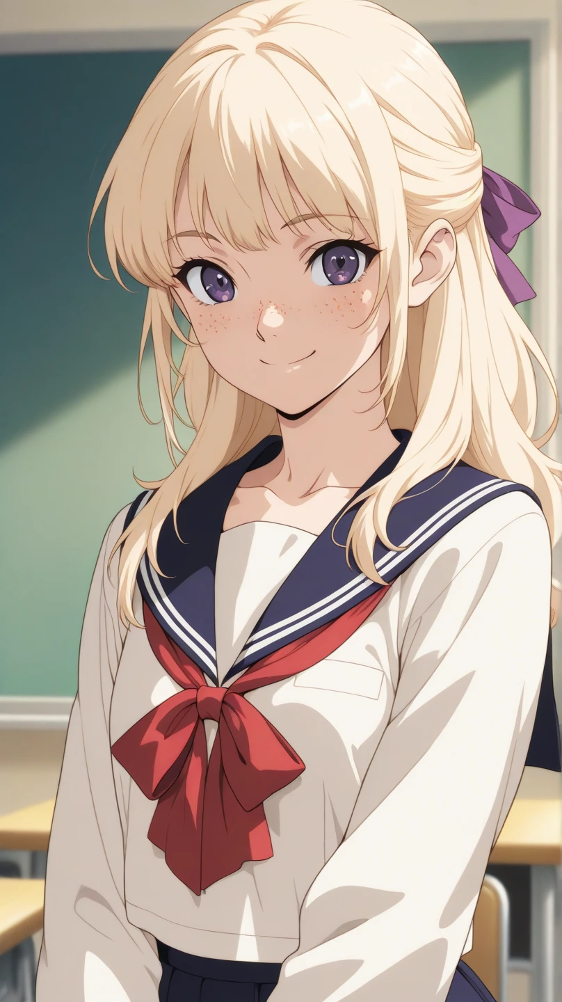 score_9, score_8_up, score_7_up, source_anime,
rubyhoshino, <lora:ruby-hoshino-ponyxl-lora-nochekaiser:1>,
ruby hoshino, long hair, bangs, blonde hair, pink eyes, sidelocks, symbol-shaped pupils, multicolored hair, two-tone hair, smile,
side ponytail, long sleeves, school uniform, serafuku, sailor collar, neckerchief, cardigan, red neckerchief, white sailor collar, skirt, blue skirt,
indoors, classroom,
looking at viewer, cowboy shot, dutch angle,