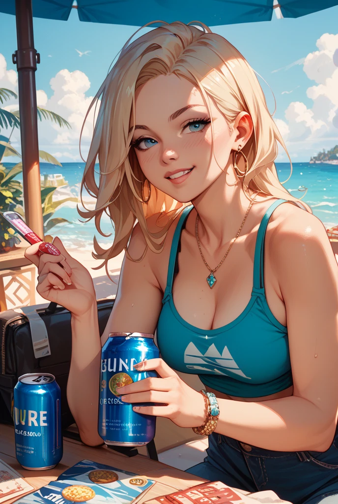 looks to the side, mouth open, mouth open, looks into the distance, girl in Blue bikini and black Elastic cycling shorts sitting in tropical coffee with a glass of freshly squeezed juice with sea views, people sitting in coffee, adult, [Nordic], Hourglass body, perfect Olive skin, Oval Face, Long neck, Rounded shoulders, perfect hand, Attached Pointed ears, round forehead, Short blonde Waves pixie hair, snub nose, Arched eyebrows, Monolid blue Eyes, High Round Narrow cheekbones, Dimpled Cheeks, Rounded Chin, Rounded Jawline, Fine Puppet Wrinkles, Full nude Lips, (blue eyes), Nude Makeup Look, long eyelashes, third breast size, (graphic style of novel comics), perfect hands, 2d, 8k, hyperrealism, masterpiece, high resolution, best quality, ultra-detailed, super realistic, Hyperrealistic art, high-quality, ultra high res, highest detailed, lot of details, Extremely high-resolution details, incredibly lifelike, soft cinematic light,