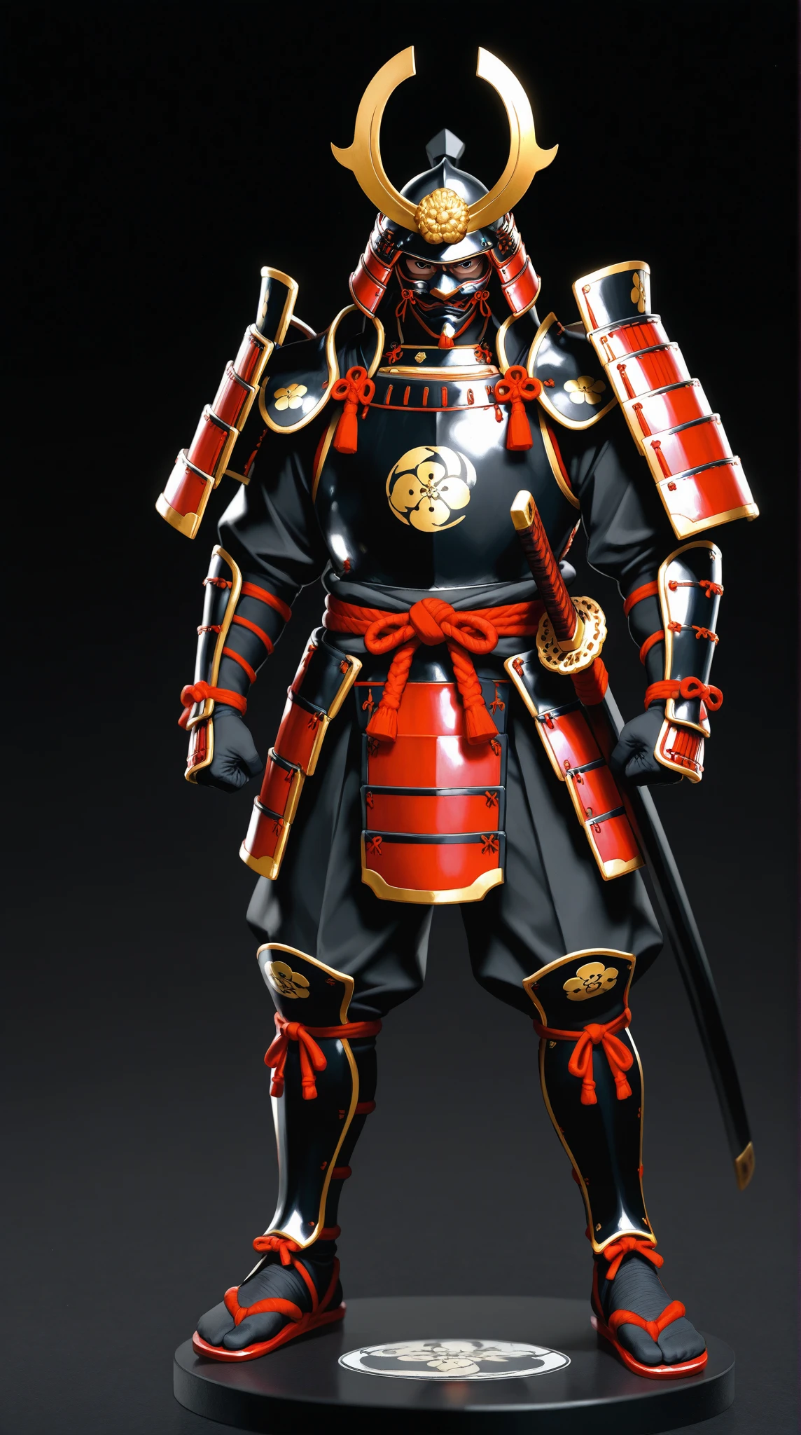 work of art, A collectible figure of a  samurai" wearing red and black samurai armor, samurai mask, black, that has a unique style, Samurai katana and samurai equipment