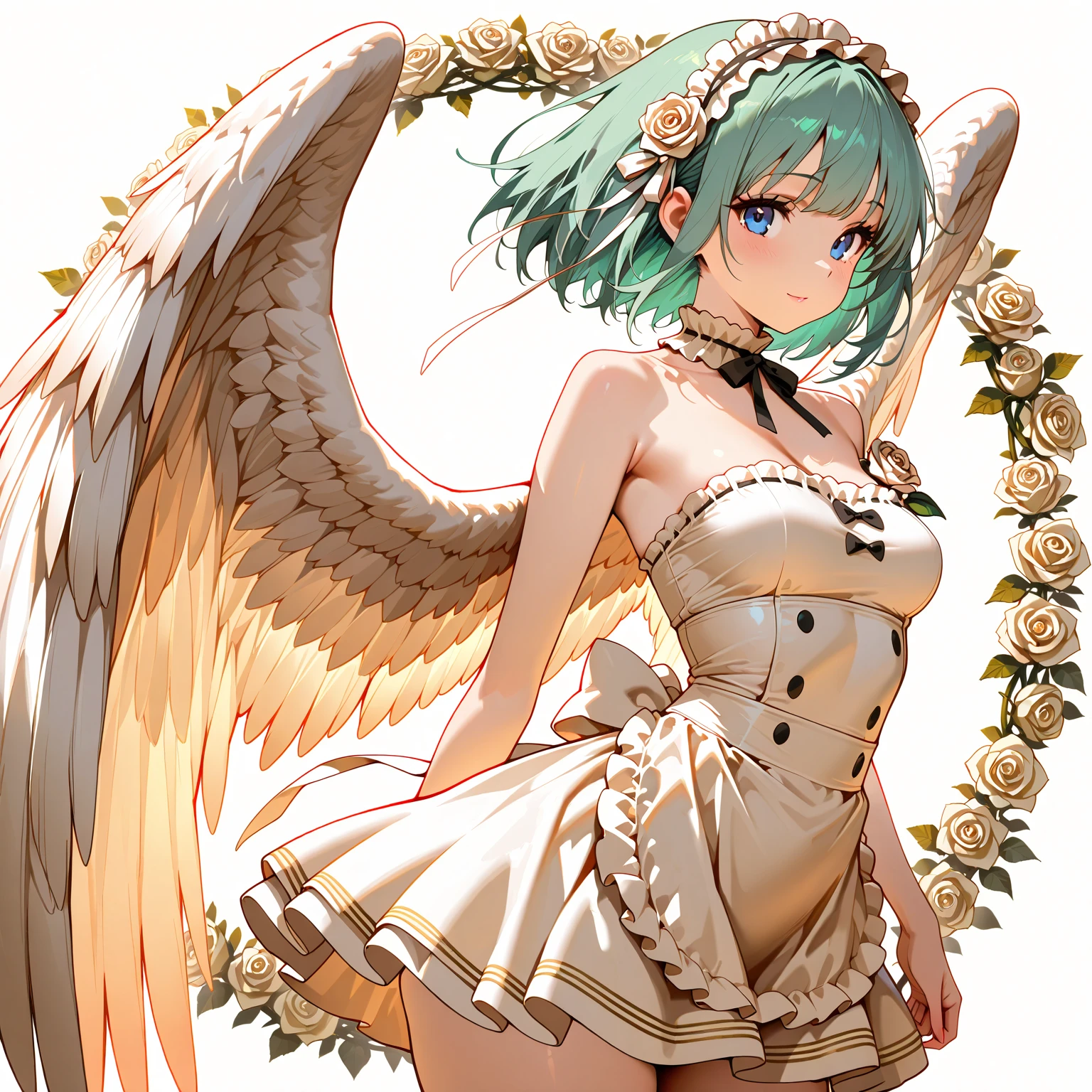 1girl, short green hair, pink eyes, angel wings, cyborg, long flowy white dress, black heels