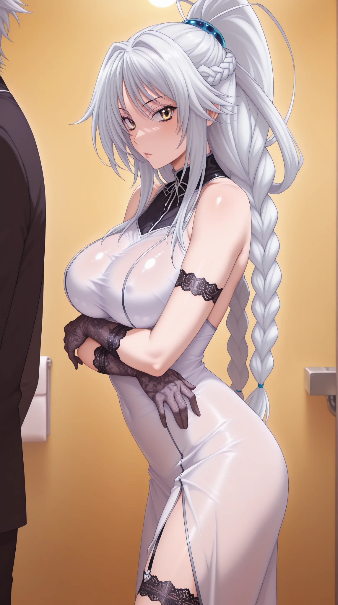 realistic, 1woman, white hair, purple eyes, glowing eyes, parted lips,, in the shower, giant breasts, naked, covered in soap, white 24 year old buff naked man with a large dick , man in shower with her pinning her against the wall while has a rock hard boner , his hand are on her hips as he pushes her against the wall, they’re facing eachother as he pushed her up against the wall, the woman is shocked and surprised, his penis is long and erect and is lightly touching her skin, womans back against the wall, woman is being pushed into walling, woman is yelling, neither the woman nor the man are facing the camera, penetration, woman being penetrated by man, woman’s legs locked around the man’s waist, mans dick going into her vagina, shower is on, they’re both very wet, women being roughly fucked, woman making direct intense eye contact with the man, woman is shocked confused flustered and panting heavily,