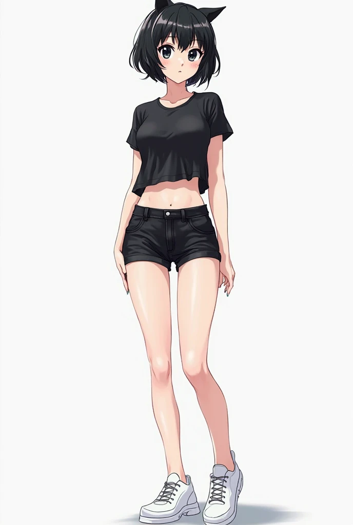 The beautiful, (tmasterpiece:1.2), (Best quality at best:1.2), perfect eyes, s the perfect face, perfect litthing, 1个Medium Breast Girl, Sam, full body, metathorax, black in color, , black hair, Crop top, cutoff point, Denim, denim short, facing away, has cleavage, high legs, high legs, long whitr hair, median furrow, , Micro shorts, , pony tails, shorter pants, shorter pants, Side breasts, Background with, Alone, vests, upper legs, Tong, underbust, underdressing, venue, grassy, full body, humongous large breast, Wide hips, Place your arms at your sides