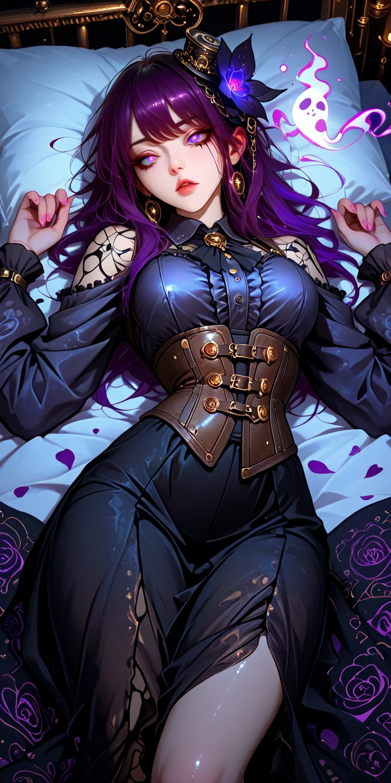 masterpiece, best quality, One Woman, official, busty, cowboy shot, looking at viewer, cinematic light, dark purple hair, hair covering the , teasing, several layers of clothes, tight dress, curvy hair, long hair, blue eyes, (realistic: 1.2), 8k wallpaper, ultra detailed, soft-looking, laying on the bed, appear sad, red eyes, purple flower, parted bangs, low ponytail, mature female