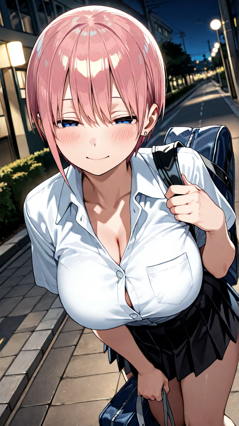 (masterpiece, high resolution, clear outlines, ultra-detailed, illustration, vivid color), gotoumichiyo, 1girl, blush, breasts, cleavage, dark-skinned_female, dark_skin, grin, gyaru, large_breasts, leaning_forward, looking_at_viewer, nail_polish, one_eye_closed, plaid_skirt, pleated_skirt, red_skirt, school_uniform, skirt, smile, solo, tan, beautiful detailed background, buildings, city, trees, sunny, <lora:gotoumichiyolora:0.7>