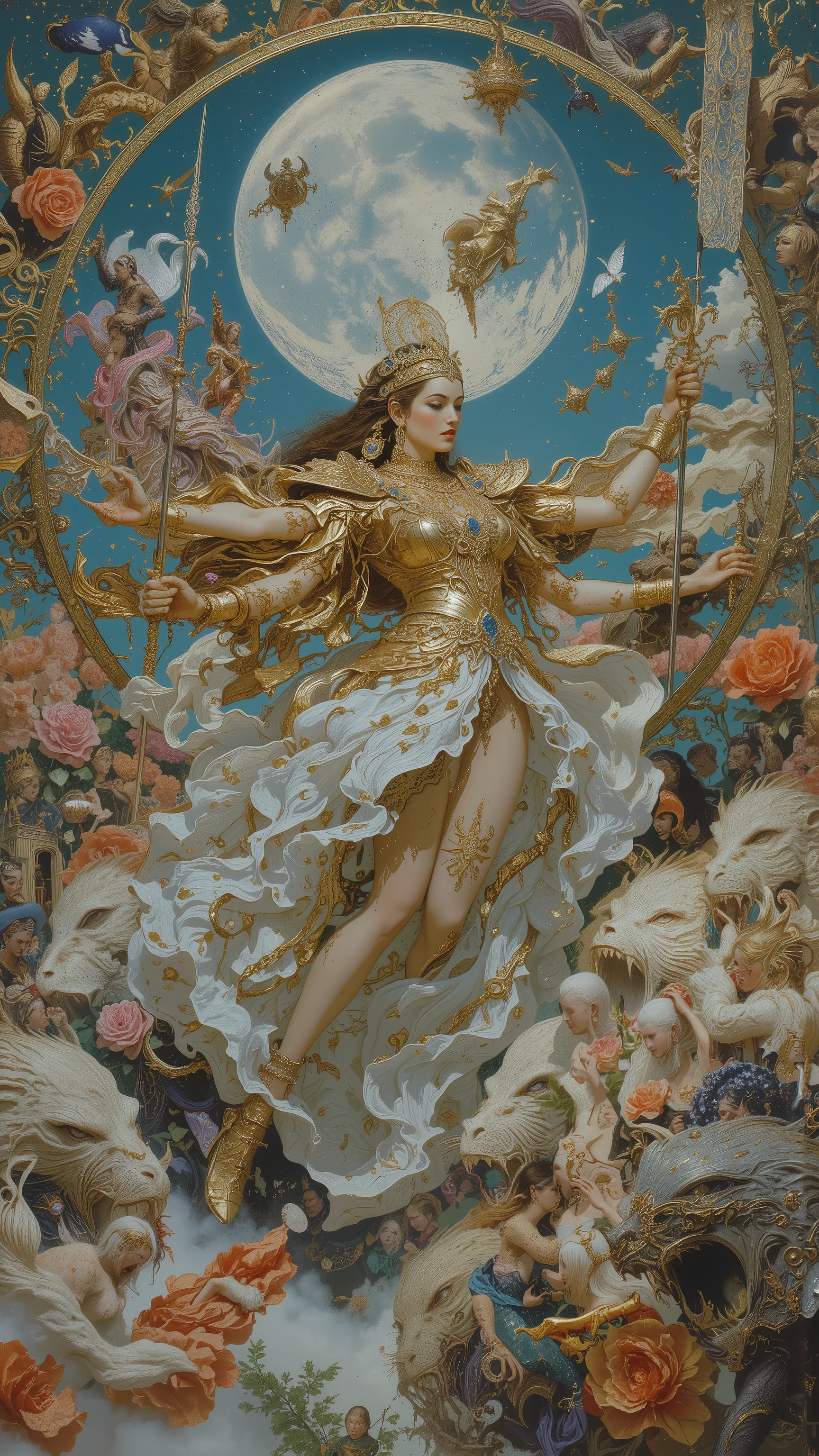 battle scene,wide view,landscape,from side,fullbody,flying,fighting pose goddess,wide shot,mixed beautiful goddess face and Terrible beasts,many arm,holding weapons,Beauty and Threatening,Dignity,buddhist art,Cherubim,Aggregate,Chimera,moon,moonlight,starry sky, Living Being,(bright colors,colorful,granular,flower,plant, blood vessels,liquid,chaos,ceremony,Abundant,(dynamic pose),Nipples and genitals are hidden.hyper realistic image,     h.R Giger style, Amano Yoshitaka style,Gustav Klimt Style,Digital illustratin,
16k,detailed image,by Gustav Klimt