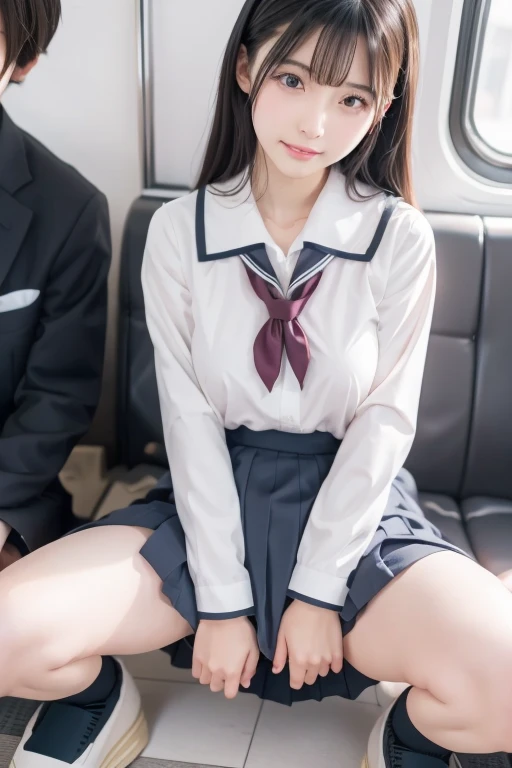 (1girl in:1.3), Very cute, , It seems naïve, 8K, Raw foto, (photorealistic photos:1.37), 超A high resolution, Best Quality, Small round face, Big eyes, Super delicate face, extremely detailed eye, slender, thighs thin, slender long legs, Blushing, (no-makeup:1.4), (eye bags:1.3), Fair skin, BREAK ((with a Japanese school uniform:1.3)), ((flat chest:1.1)), (On the train:1.3), (Uniform Ribbon:1.2), (Long horizontal sheet with your back to the window:1.2), BREAK (Wear thigh-length socks:1.3), Professional Lighting, Sparkly skin, Face Light, Natural Shading, ((Precise hands without dissonance)), BREAK (Shoulder-length hair with bangs:1.3), (((skirt lift by yourself))), (lifted by self), (Show panties), ((sitted, Open legs wide:1.5)), (White panties:1.3),beret、yamadaanna