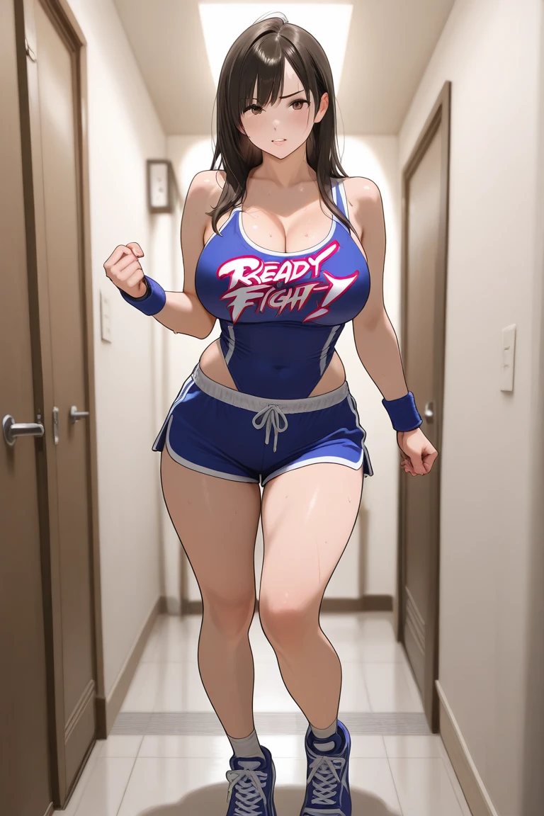 Huge breasts, abs, Tight sports bra, thick thights, looking down, shocked expression, gasp