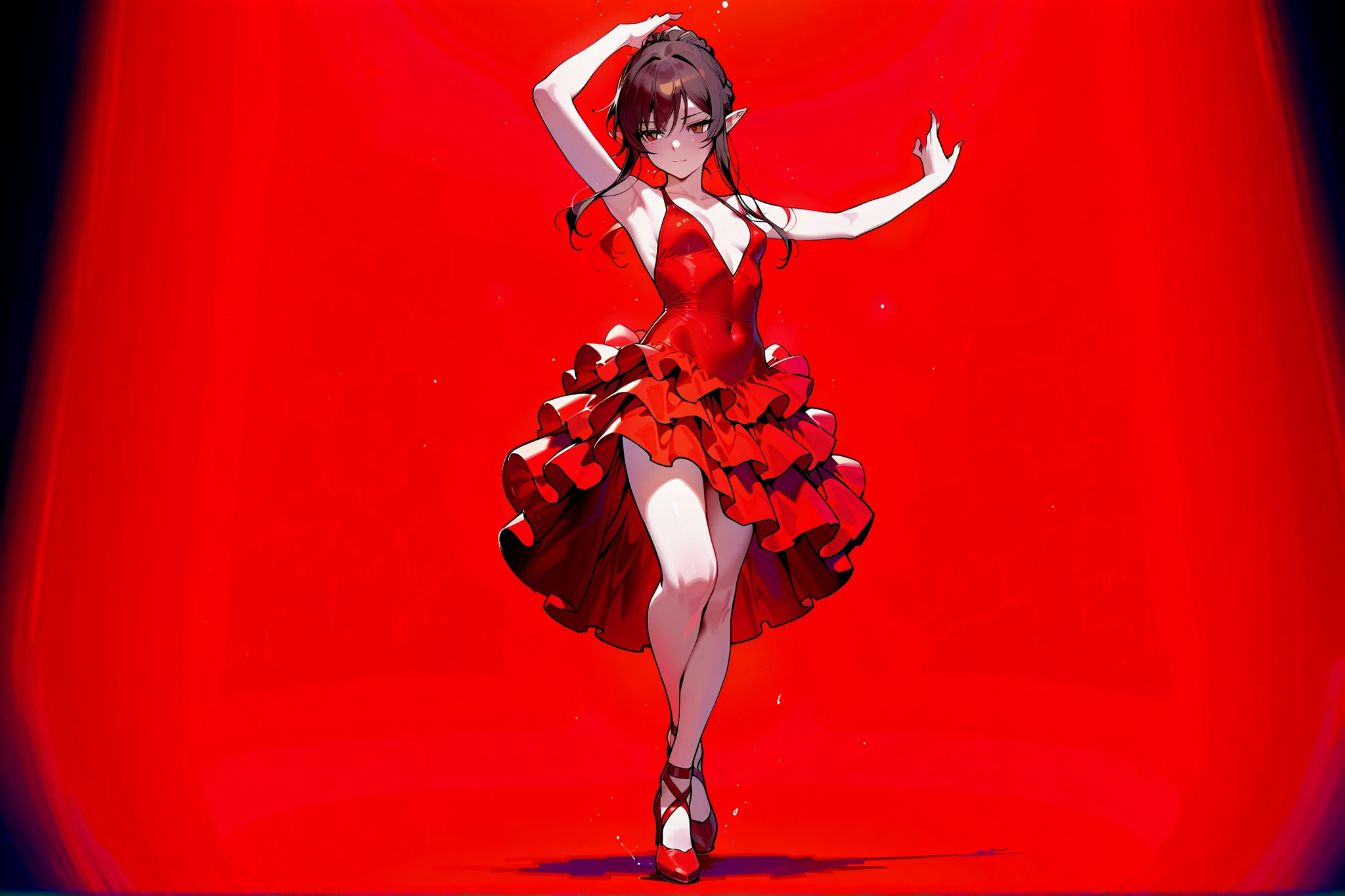 (((Best quality, 8k, Masterpiece: 1.3)), ((best quality)), ((masterpiece)), (detailed), perfect face, perfect body, (detailed skin:1.3), Flamenco dancer, red flamenco dress, red flamenco shoes, elf, pointy ears, Hairstyle (updo), dark brown hair, She is posing with the end of her skirt held up by her right hand. Her left hand is raised high in the air, marking the end of the dance.