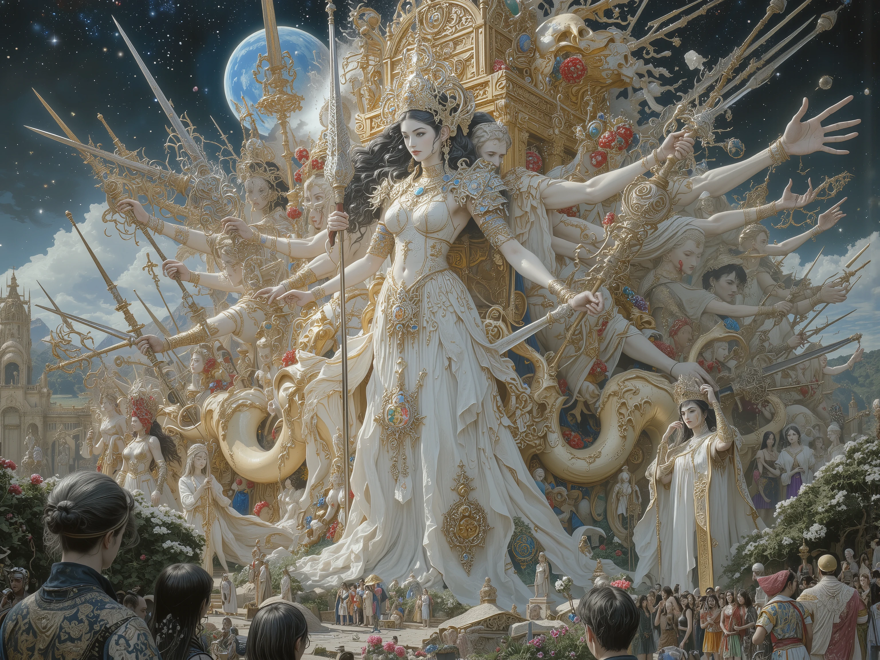 battle scene,wide view,landscape,from side,fullbody,flying,fighting pose goddess,wide shot,mixed beautiful goddess face and Terrible beasts,many arm,holding weapons,Beauty and Threatening,Dignity,buddhist art,Cherubim,Aggregate,Chimera,moon,moonlight,starry sky, Living Being,(bright colors,colorful,granular,flower,plant, blood vessels,liquid,chaos,ceremony,Abundant,(dynamic pose),Nipples and genitals are hidden.hyper realistic image, h.R Giger style, Amano Yoshitaka style,Gustav Klimt Style,Digital illustratin,
16k,detailed image,by Gustav Klimt