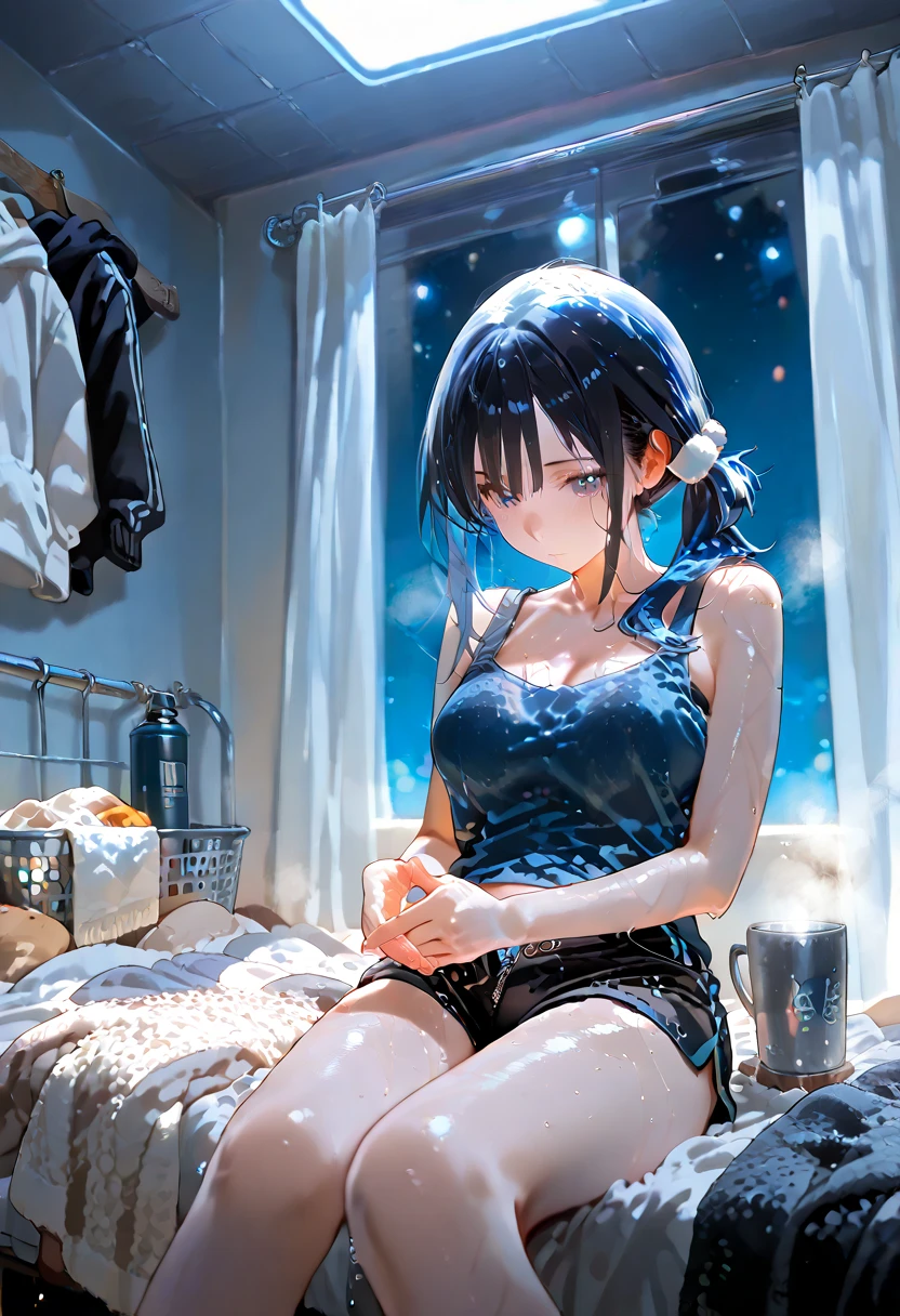 ((night、Jacuzzi on the roof of a high-rise building))、Girl taking a bath、(Footjob while taking a bath)、(A towel is covering the chest and thighs)、The towel is wet and transparent. My hair is wet.、seductive evil grin、