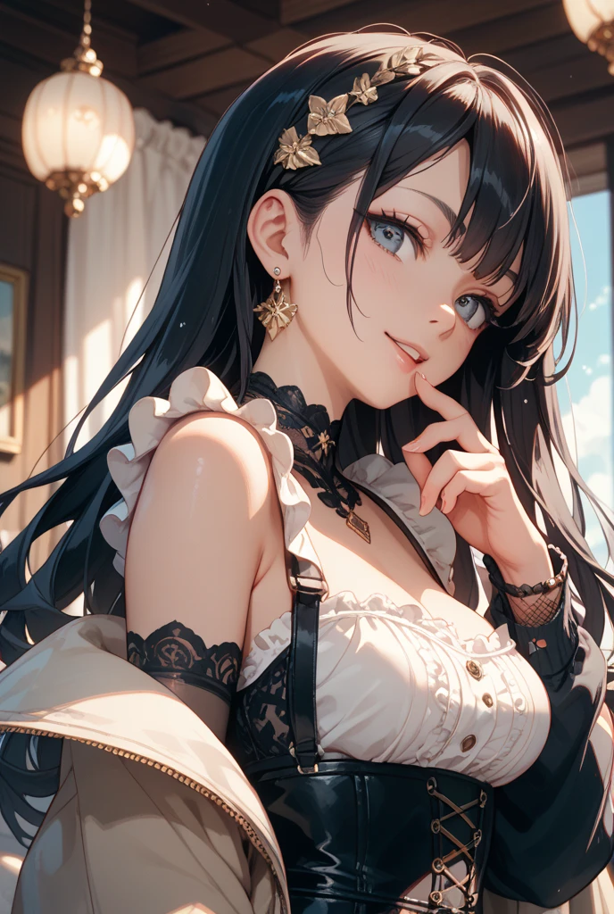 a woman, (black hair, detailed hair, green eyes, beautiful eyes finely detailed), pixiv contest winner, serial art, top rated on pixiv, angel wings, big breast, side boobs, wearing white angel cloth, her face is blushing, embarassed, seductive expression, naughty woman expression, azurlane style, sitting, middle age style bedroom, (half body:0.6), half body close up illustration