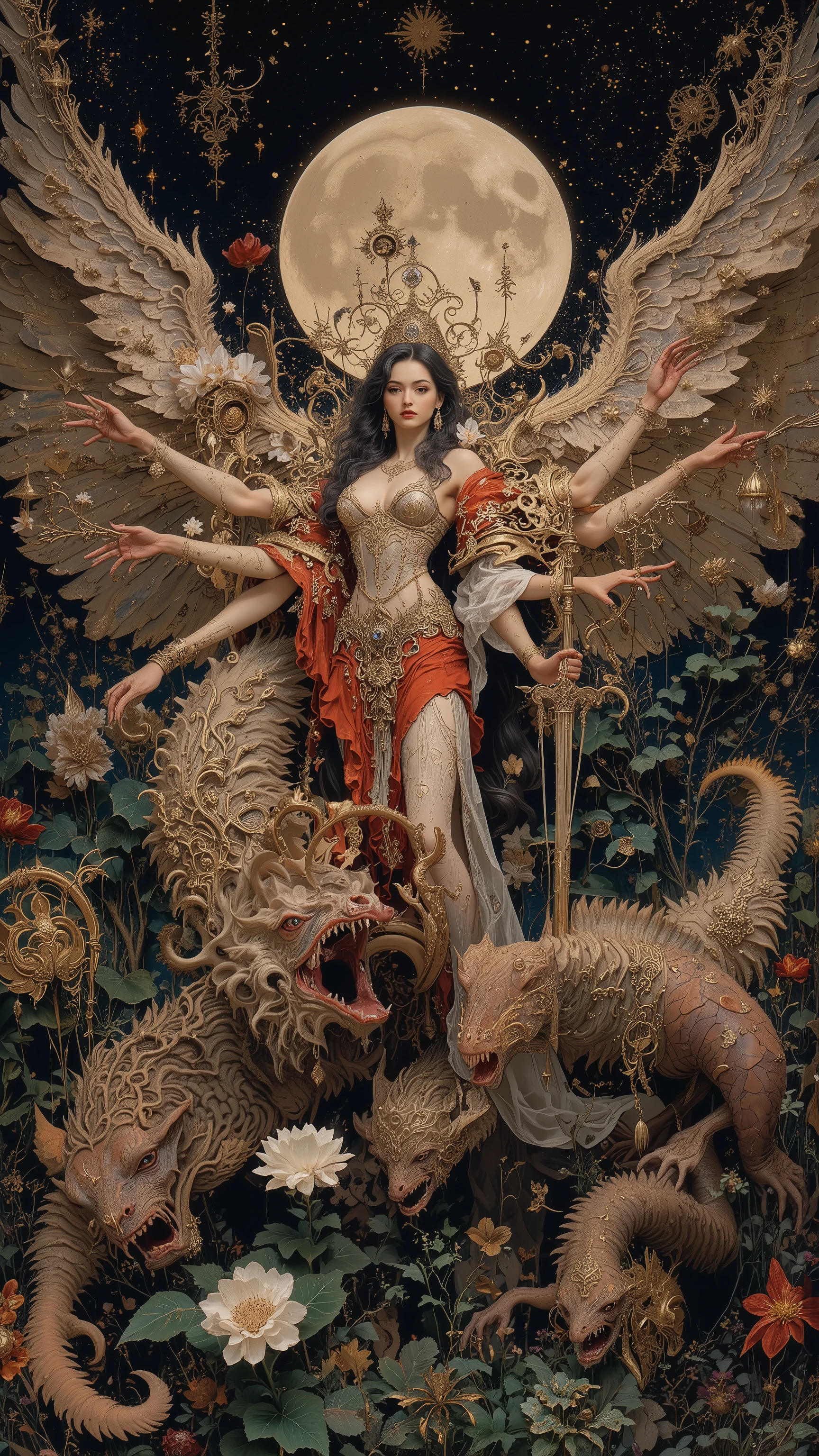 fullbody,flying,fight posing goddess,wide shot,mixed beautiful goddess face and Terrible beasts,many arm,holding weapons,Beauty and Threatening,Dignity,buddhist art,Aggregate,Chimera,moon,moonlight,starry sky, Living Being,(bright colors,colorful,granular,flower,plant, blood vessels,liquid,chaos,ceremony,Abundant,(dynamic pose),Nipples and genitals are hidden.hyper realistic image, h.R Giger style, Amano Yoshitaka style,Gustav Klimt Style,Digital illustratin,
16k,detailed image,by Gustav Klimt